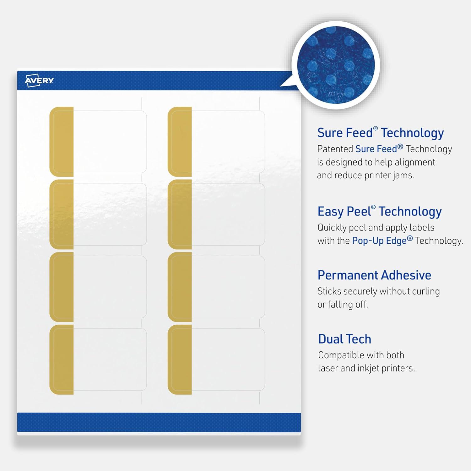 imageAvery Printable Rectangle Labels Gold Border Gold Dots 2quot x 3quot Glossy White Rectangle Labels Permanent LaserInkjet 80ct Great for Product MerchandisingDipped Gold Edge