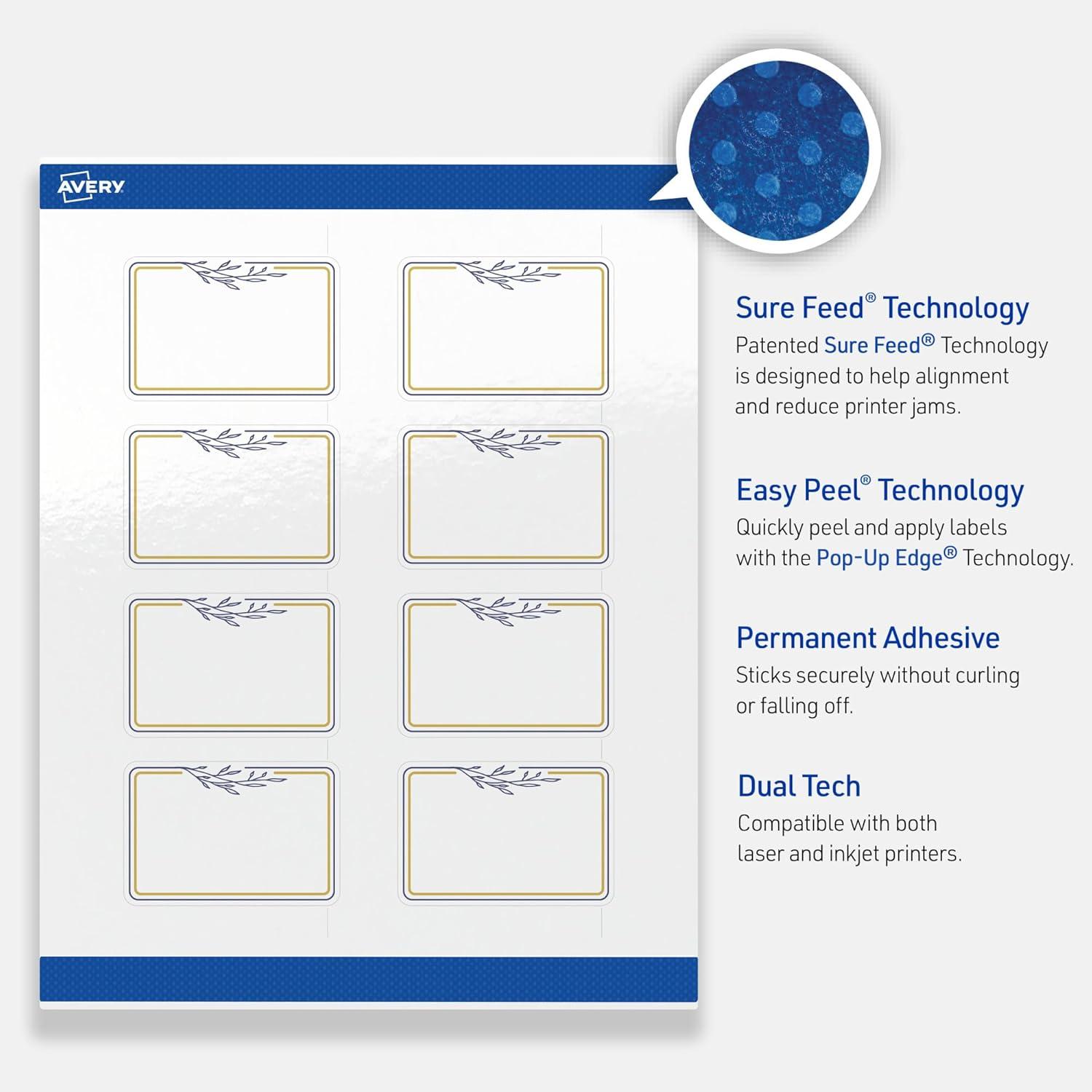 imageAvery Printable Rectangle Labels Gold Border Gold Dots 2quot x 3quot Glossy White Rectangle Labels Permanent LaserInkjet 80ct Great for Product MerchandisingGold  Navy Border With Florals