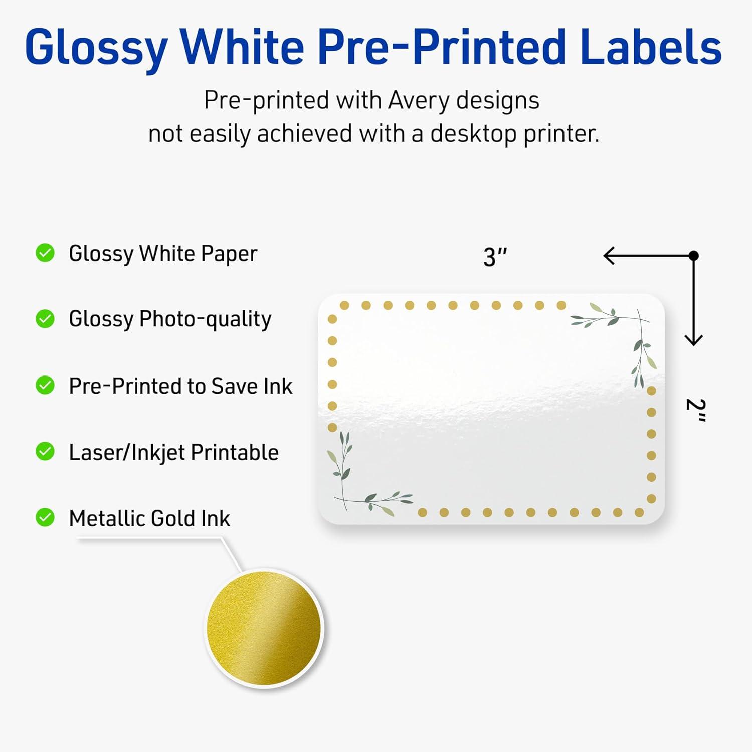 imageAvery Printable Rectangle Labels Gold Border Gold Dots 2quot x 3quot Glossy White Rectangle Labels Permanent LaserInkjet 80ct Great for Product MerchandisingGreen Florals With Gold Dots
