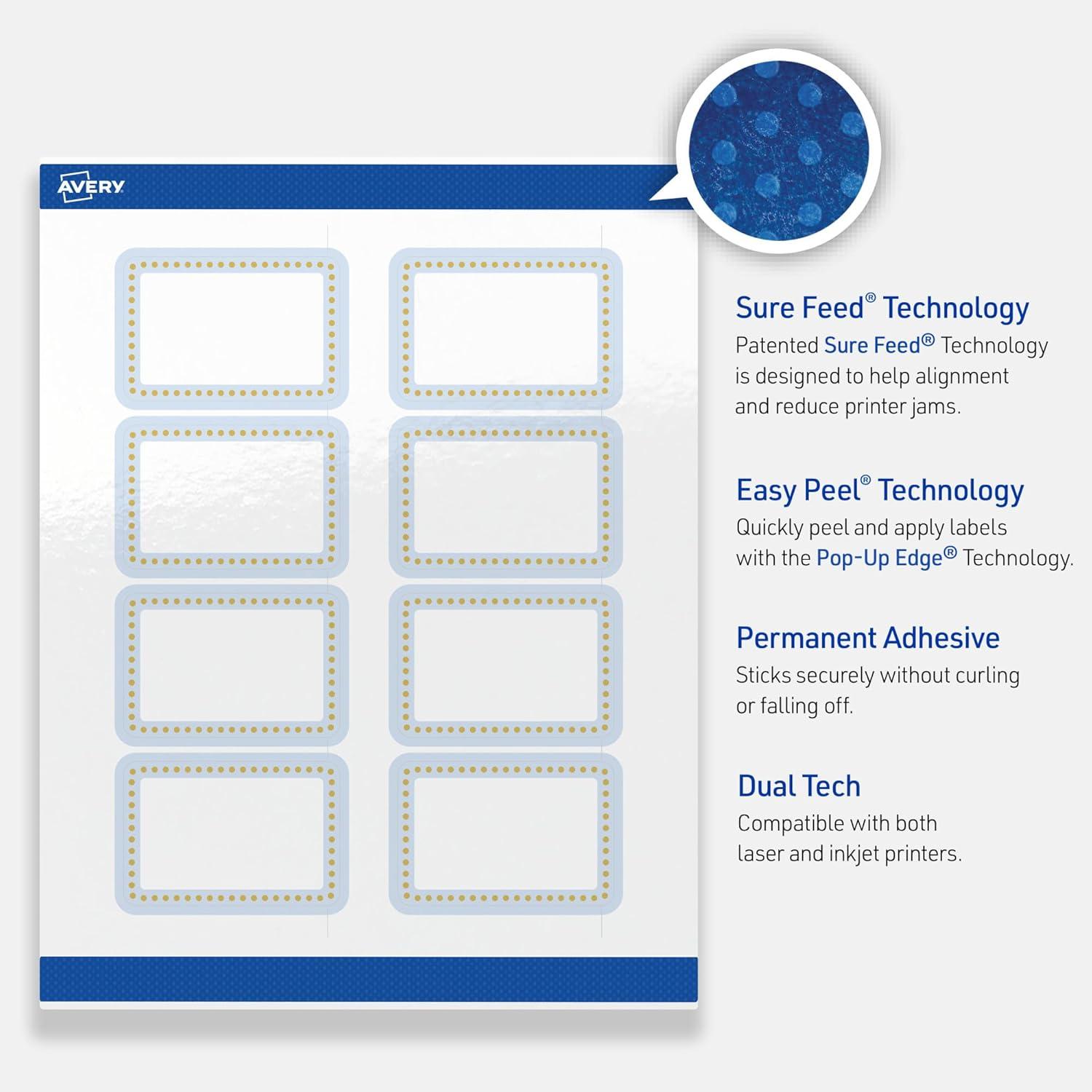 imageAvery Printable Rectangle Labels Gold Border Gold Dots 2quot x 3quot Glossy White Rectangle Labels Permanent LaserInkjet 80ct Great for Product MerchandisingBlue Border With Gold Dots
