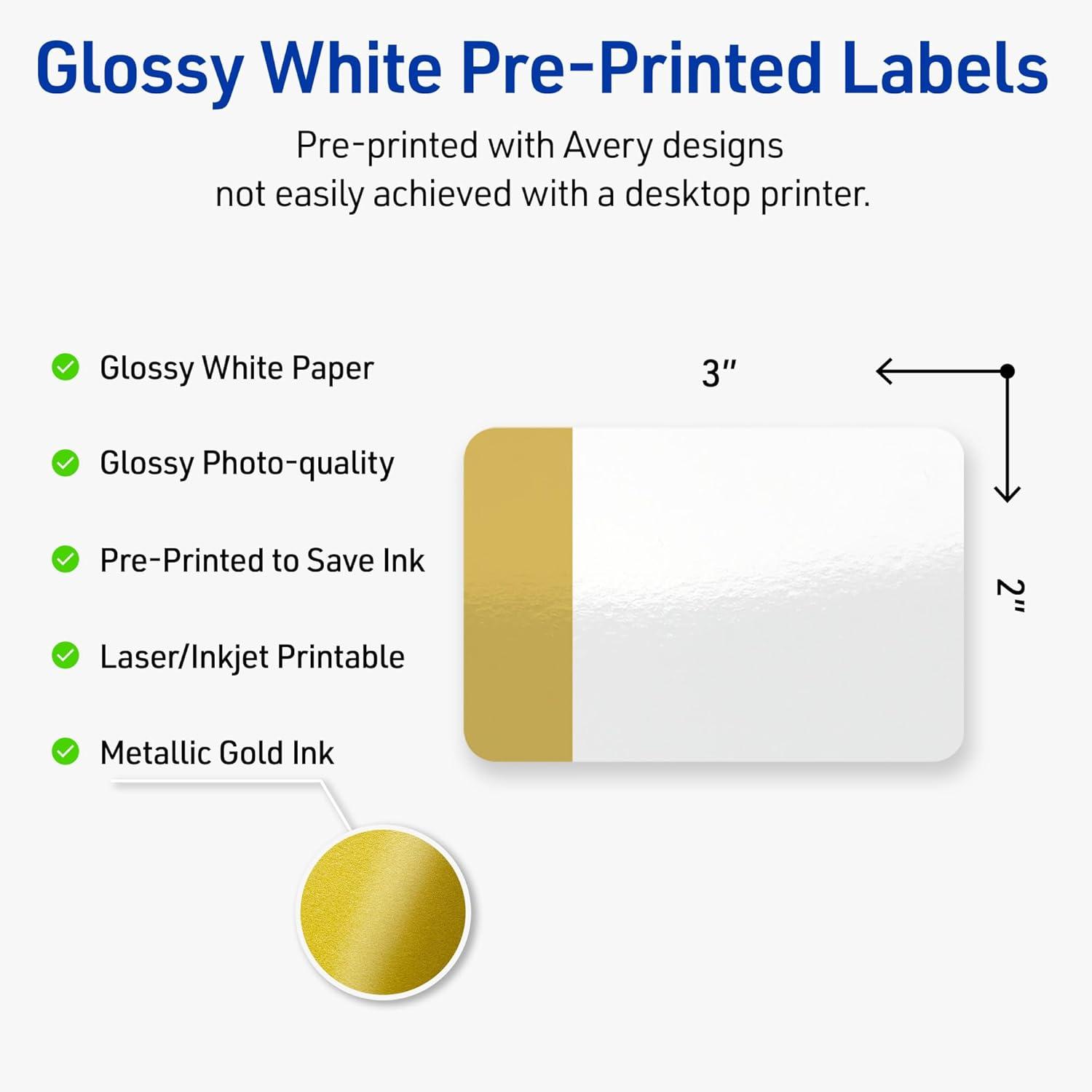 imageAvery Printable Rectangle Labels Gold Border Gold Dots 2quot x 3quot Glossy White Rectangle Labels Permanent LaserInkjet 80ct Great for Product MerchandisingDipped Gold Edge