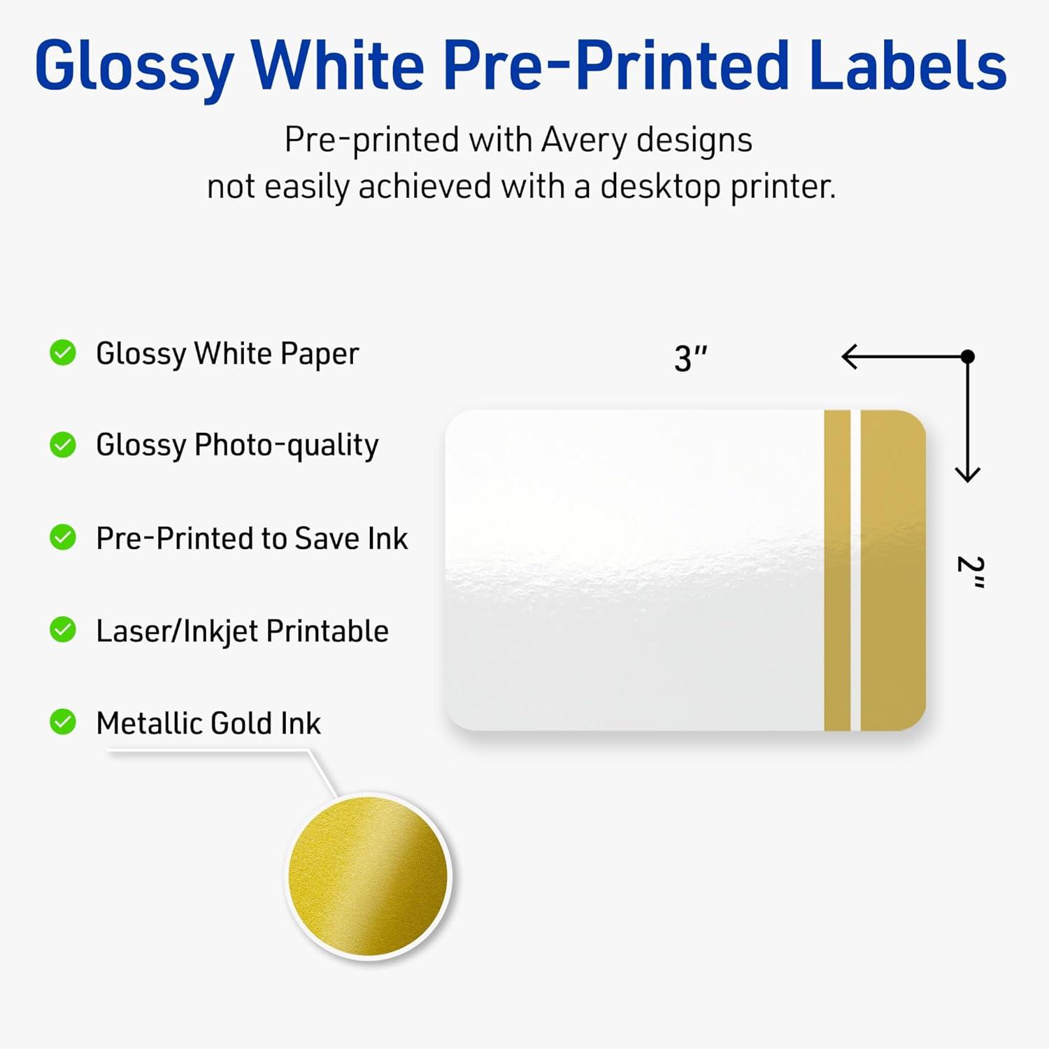 imageAvery Printable Rectangle Labels Gold Border Gold Dots 2quot x 3quot Glossy White Rectangle Labels Permanent LaserInkjet 80ct Great for Product MerchandisingDouble Dipped Gold Edge