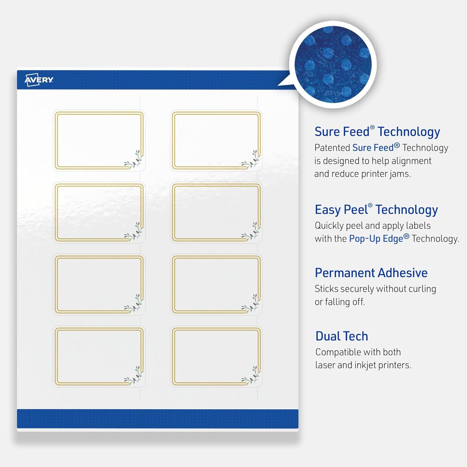 imageAvery Printable Rectangle Labels Gold Border Gold Dots 2quot x 3quot Glossy White Rectangle Labels Permanent LaserInkjet 80ct Great for Product MerchandisingDouble Gold Border With Florals