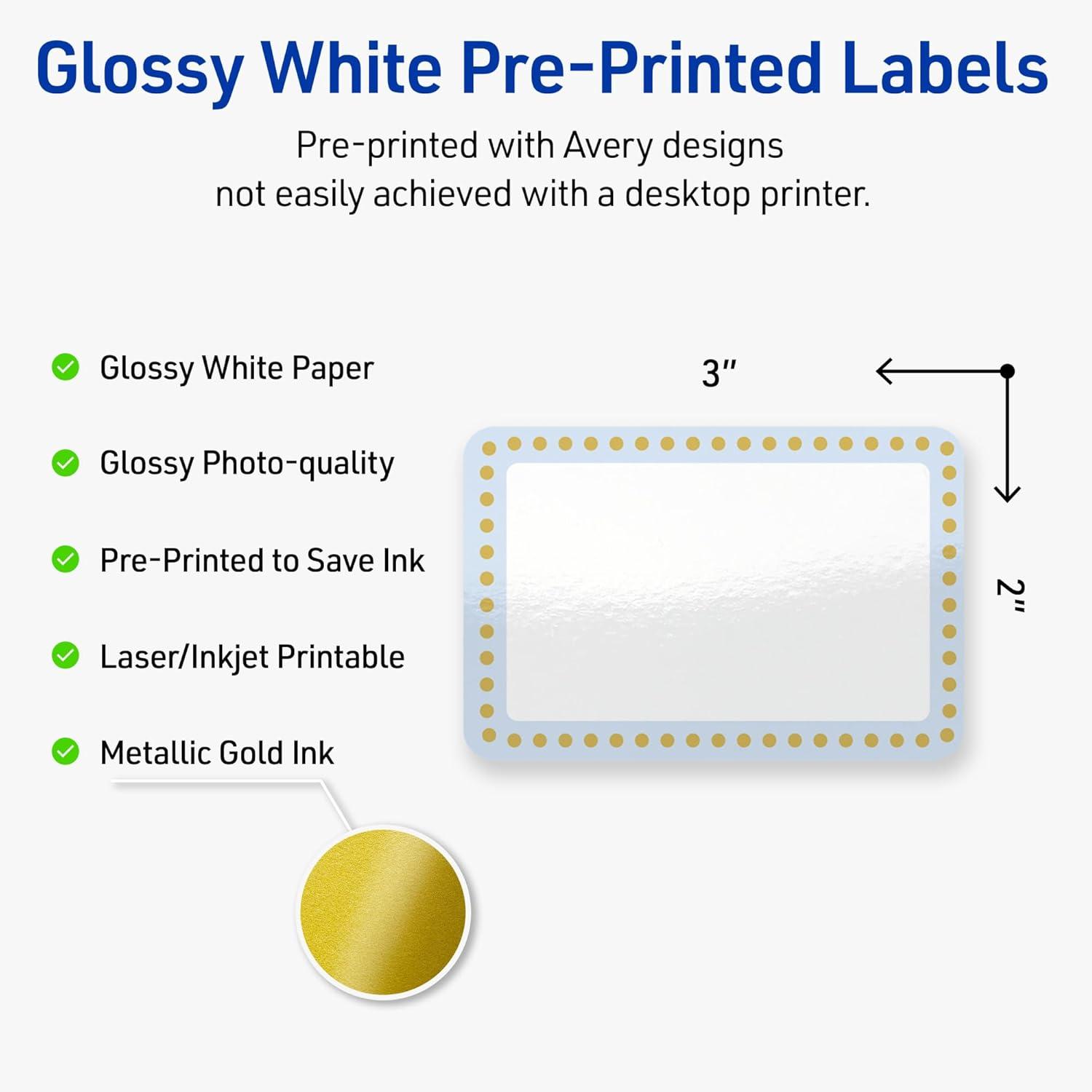 imageAvery Printable Rectangle Labels Gold Border Gold Dots 2quot x 3quot Glossy White Rectangle Labels Permanent LaserInkjet 80ct Great for Product MerchandisingBlue Border With Gold Dots