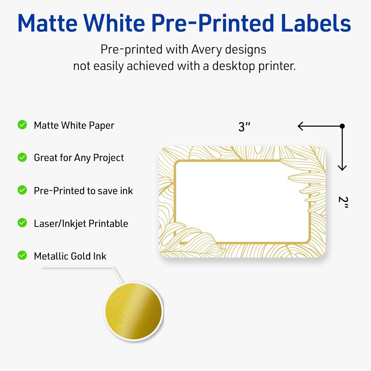 imageAvery Printable Rectangle Labels Gold ampamp Navy Border Florals 2quot x 3quot Matte White Rectangle Labels Permanent LaserInkjet 80ct Great for Product MerchandisingGold Monstera Leaves