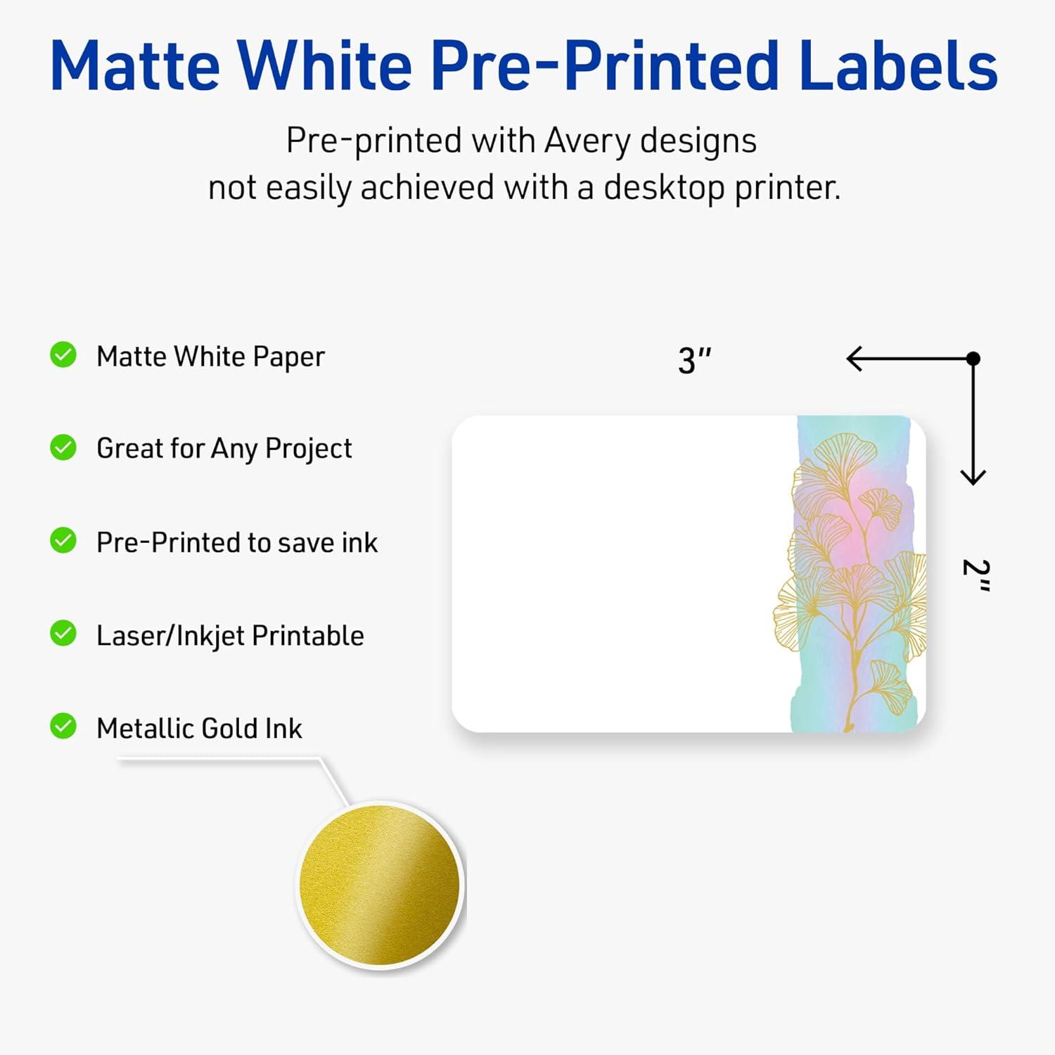 imageAvery Printable Rectangle Labels Gold ampamp Navy Border Florals 2quot x 3quot Matte White Rectangle Labels Permanent LaserInkjet 80ct Great for Product MerchandisingWatercolors With Gold Ginkgo Leaves