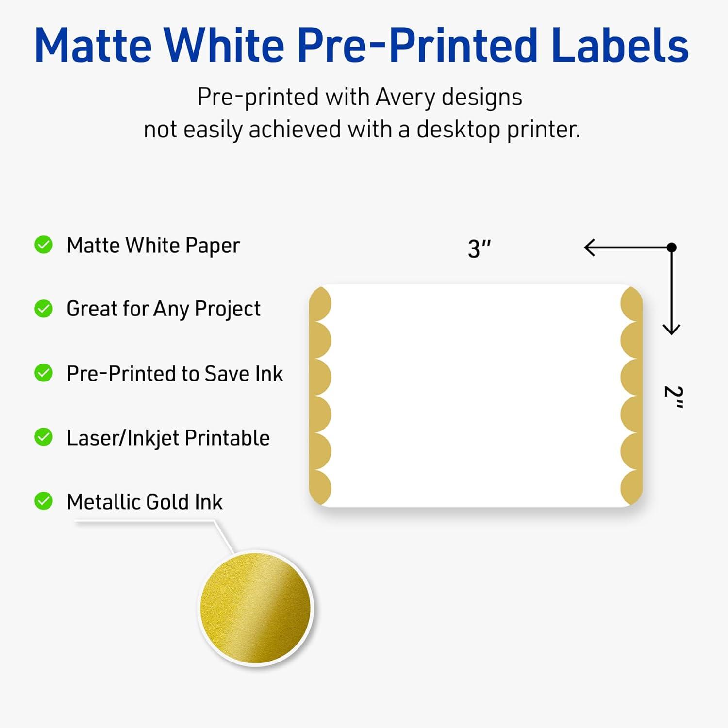 imageAvery Printable Rectangle Labels Gold ampamp Navy Border Florals 2quot x 3quot Matte White Rectangle Labels Permanent LaserInkjet 80ct Great for Product MerchandisingGold Dots Edge