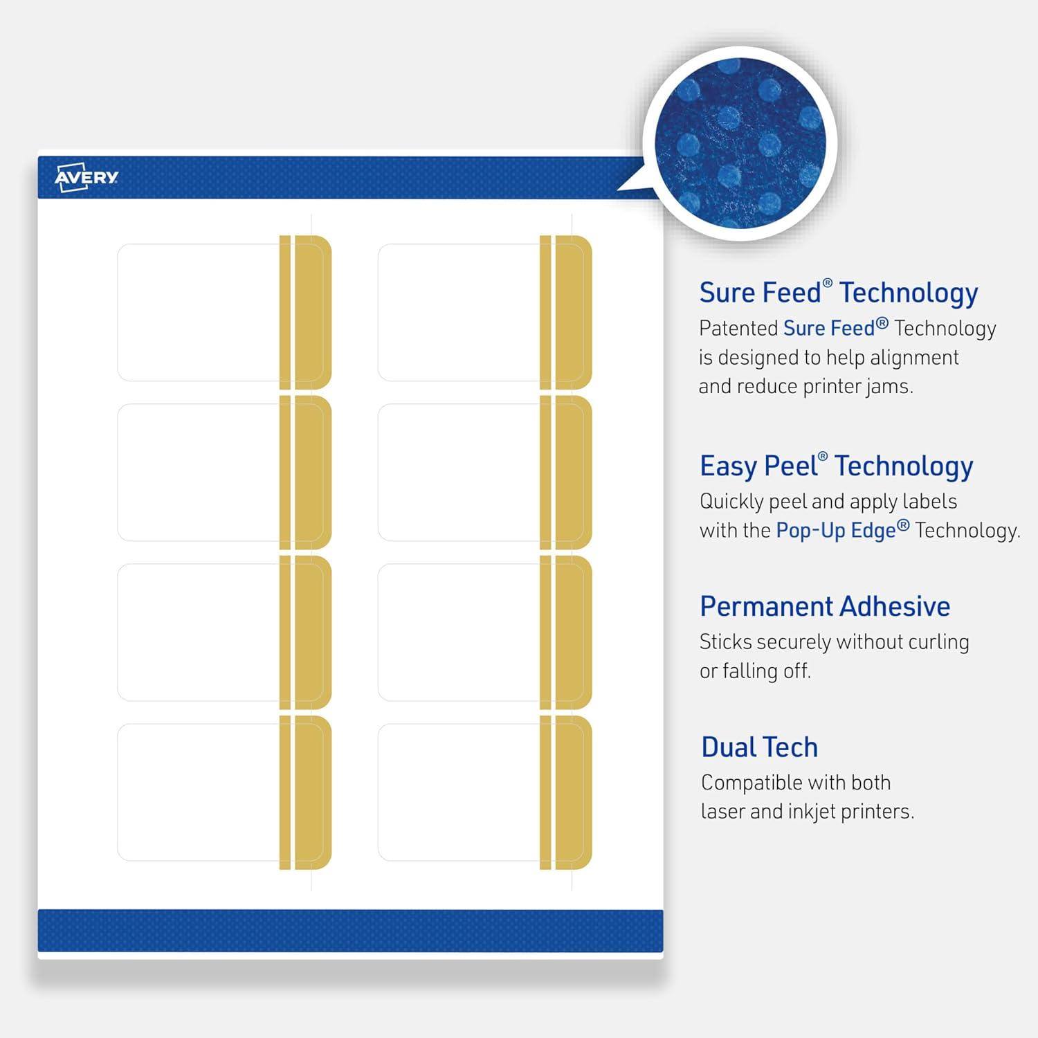 imageAvery Printable Rectangle Labels Gold ampamp Navy Border Florals 2quot x 3quot Matte White Rectangle Labels Permanent LaserInkjet 80ct Great for Product MerchandisingDouble Dipped Gold Edge