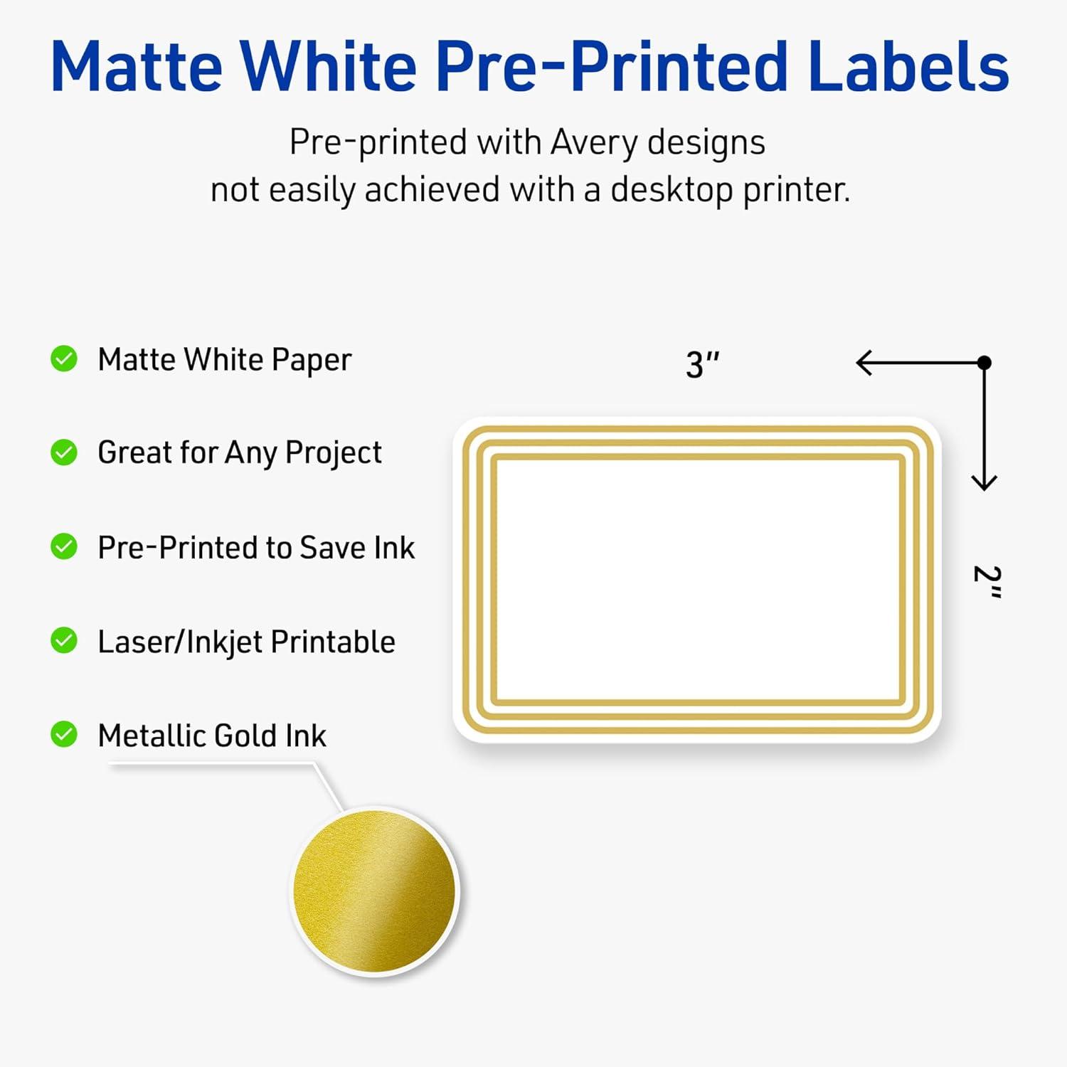 imageAvery Printable Rectangle Labels Gold ampamp Navy Border Florals 2quot x 3quot Matte White Rectangle Labels Permanent LaserInkjet 80ct Great for Product MerchandisingMultilined Gold Border