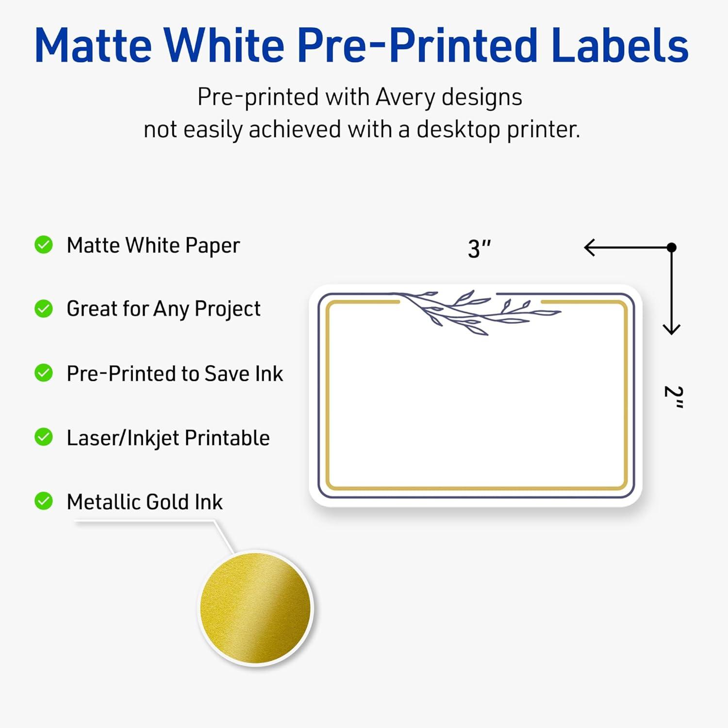 imageAvery Printable Rectangle Labels Gold ampamp Navy Border Florals 2quot x 3quot Matte White Rectangle Labels Permanent LaserInkjet 80ct Great for Product MerchandisingGold  Navy Border With Florals