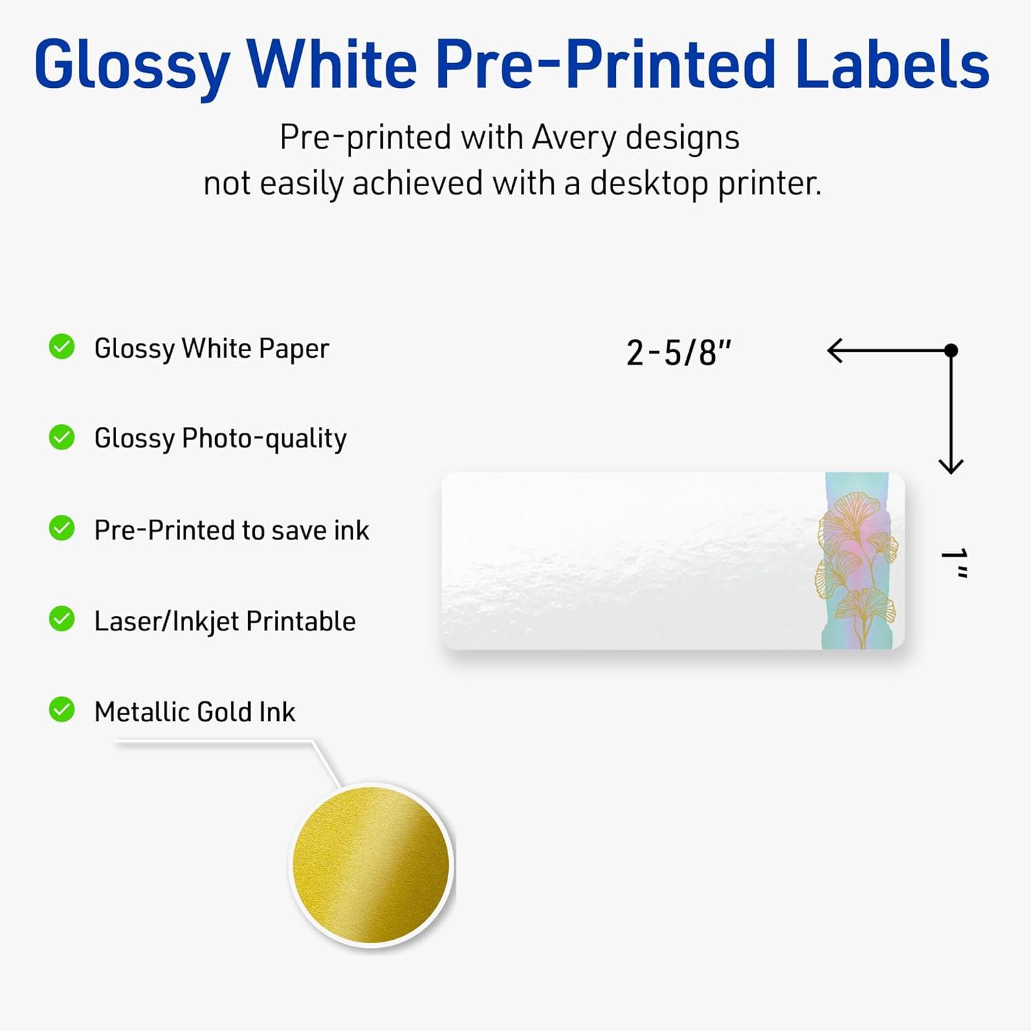 imageAvery Printable Rectangle Labels Sure Feed Technology Blue Border Gold Dots Design 1quot x 258quot Glossy White Permanent Adhesive LaserInkjet 160 Total Great for AddressingWatercolors With Gold Ginkgo Leaves