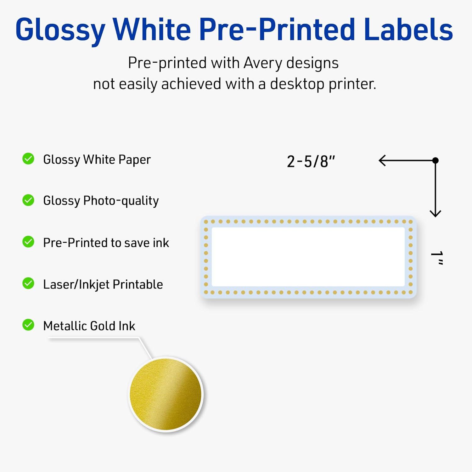 imageAvery Printable Rectangle Labels Sure Feed Technology Blue Border Gold Dots Design 1quot x 258quot Glossy White Permanent Adhesive LaserInkjet 160 Total Great for AddressingBlue Border With Gold Dots