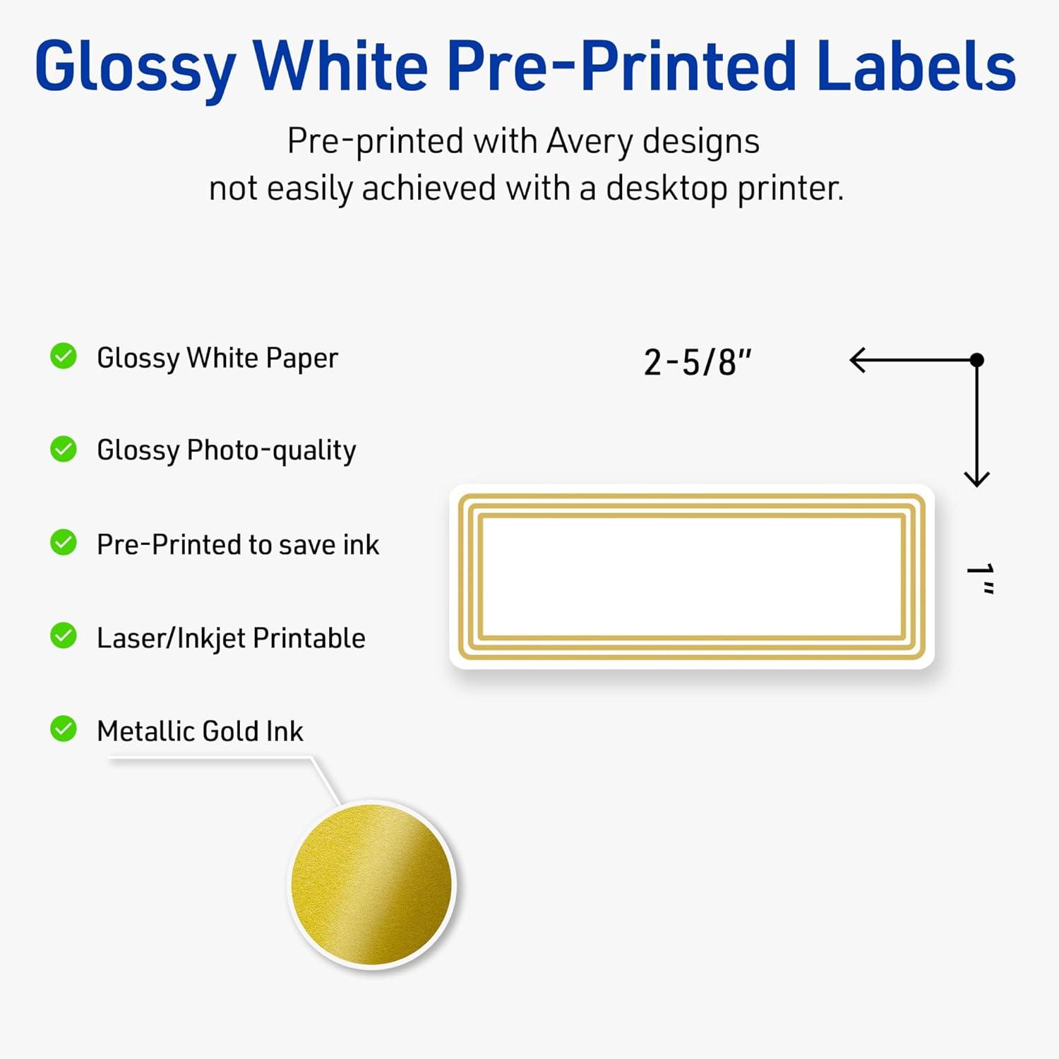 imageAvery Printable Rectangle Labels Sure Feed Technology Blue Border Gold Dots Design 1quot x 258quot Glossy White Permanent Adhesive LaserInkjet 160 Total Great for AddressingMultilined Gold Border
