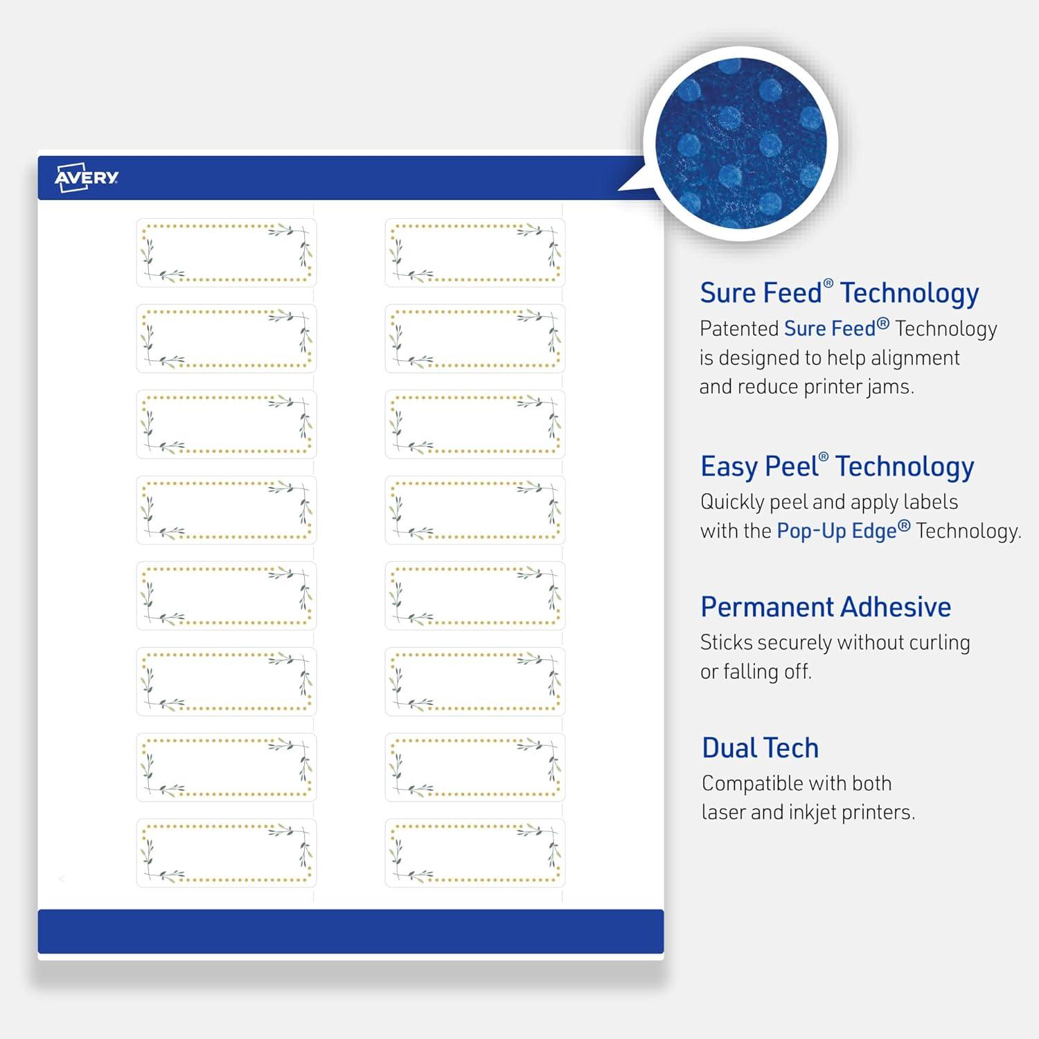 imageAvery Printable Rectangle Labels Sure Feed Technology Blue Border Gold Dots Design 1quot x 258quot Glossy White Permanent Adhesive LaserInkjet 160 Total Great for AddressingGreen Florals With Gold Dots