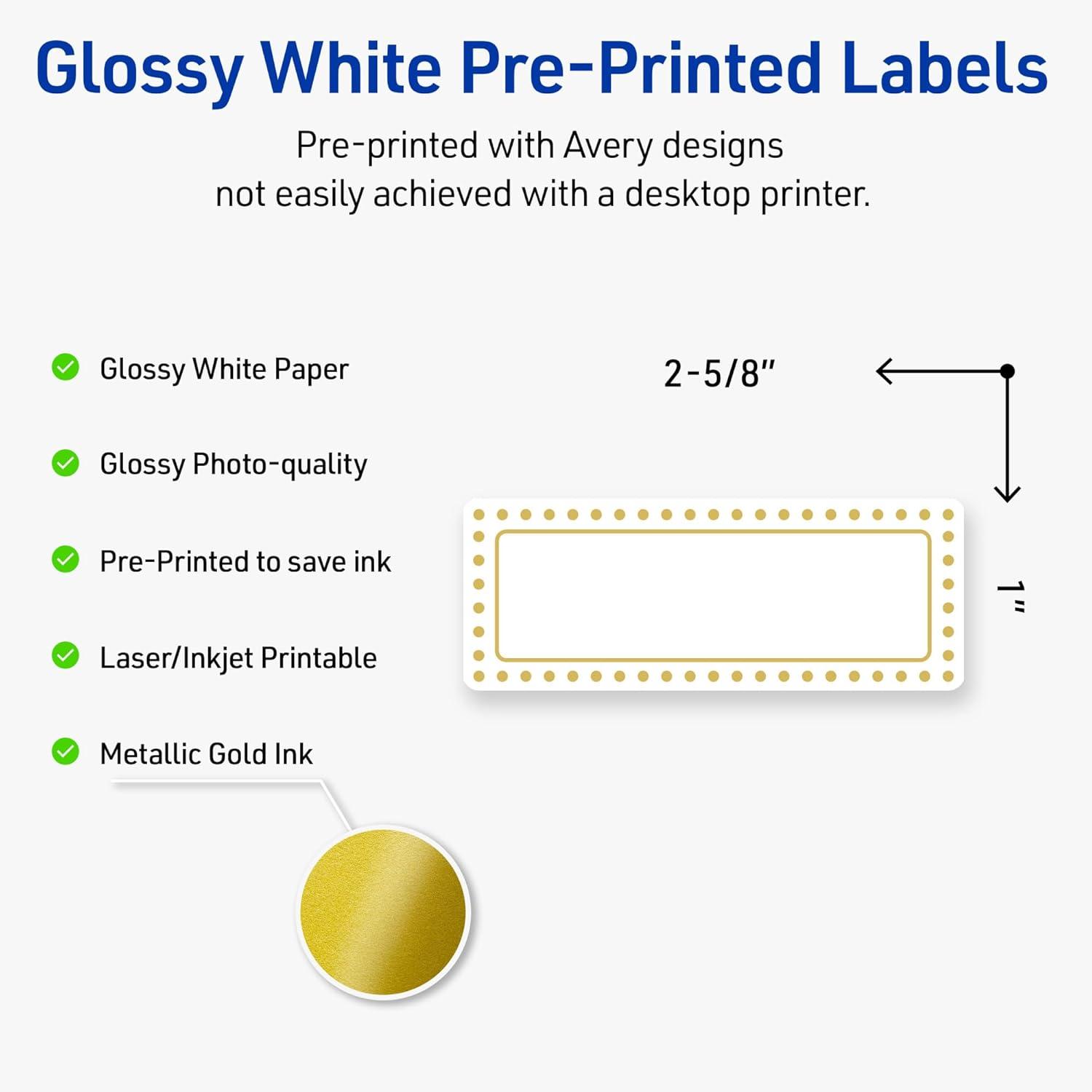 imageAvery Printable Rectangle Labels Sure Feed Technology Blue Border Gold Dots Design 1quot x 258quot Glossy White Permanent Adhesive LaserInkjet 160 Total Great for AddressingGold Border With Gold Dots