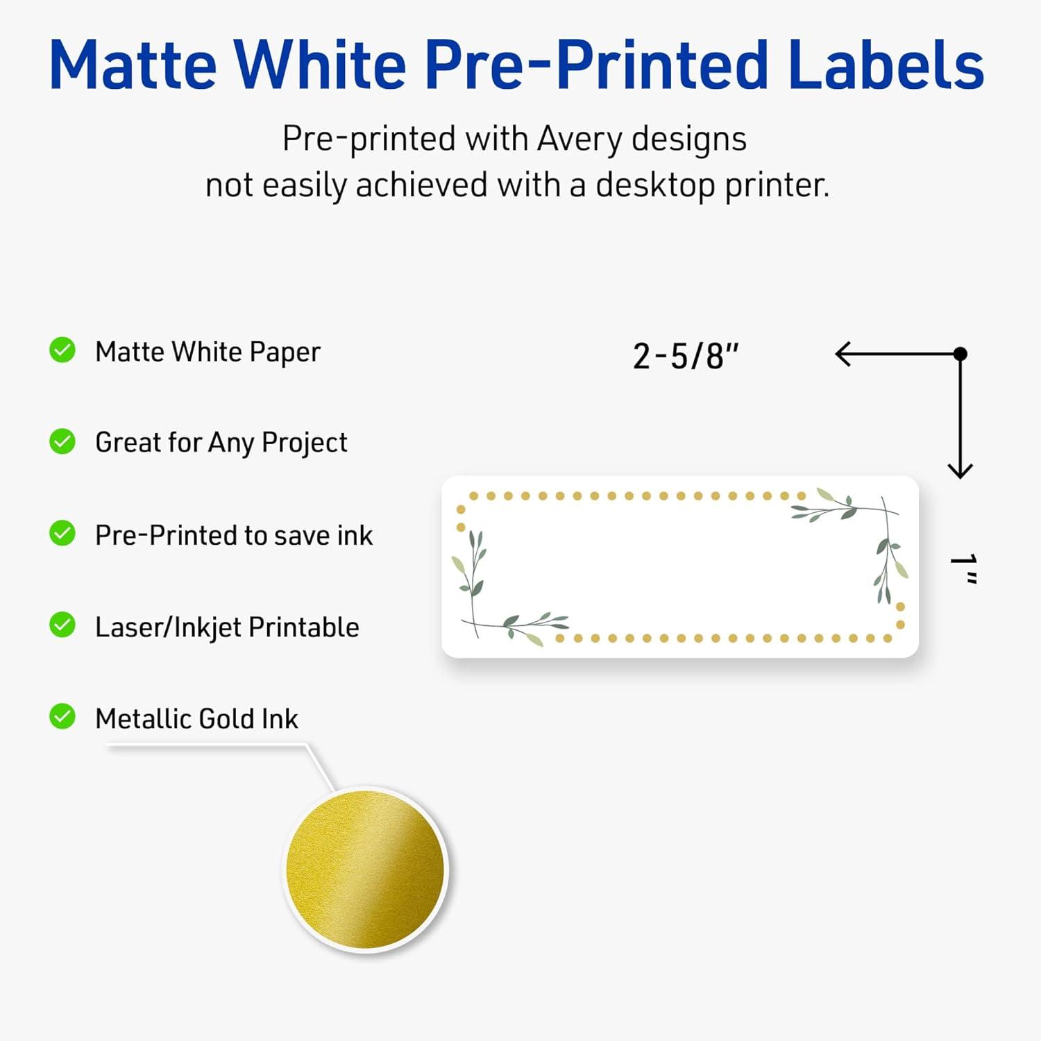 imageAvery Printable Rectangle Labels Sure Feed Technology Double Gold Border Florals Design 1quot x 258quot Matte White Permanent Labels LaserInkjet 160 Total Great for AddressingGreen Florals With Gold Dots