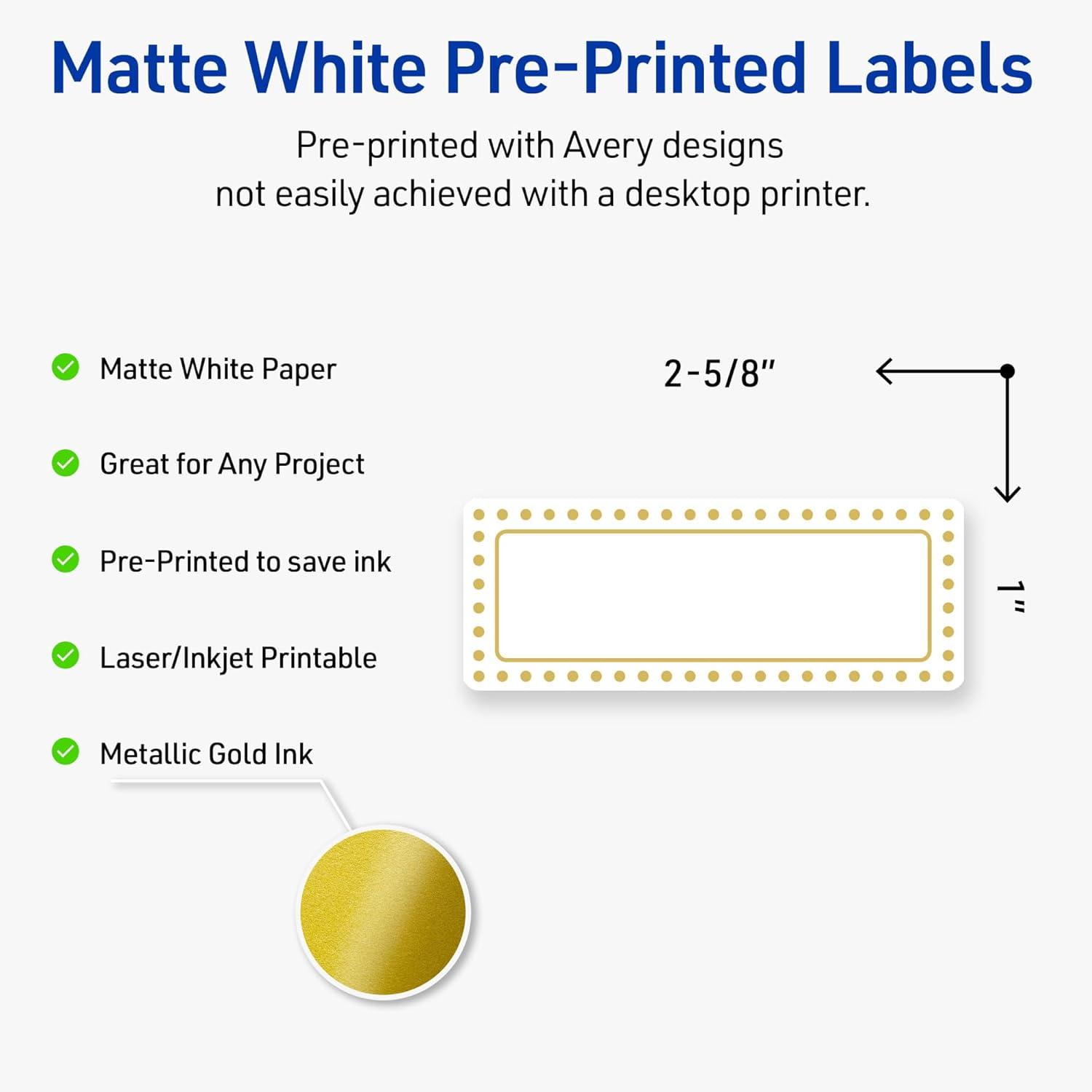 imageAvery Printable Rectangle Labels Sure Feed Technology Double Gold Border Florals Design 1quot x 258quot Matte White Permanent Labels LaserInkjet 160 Total Great for AddressingGold Border With Gold Dots