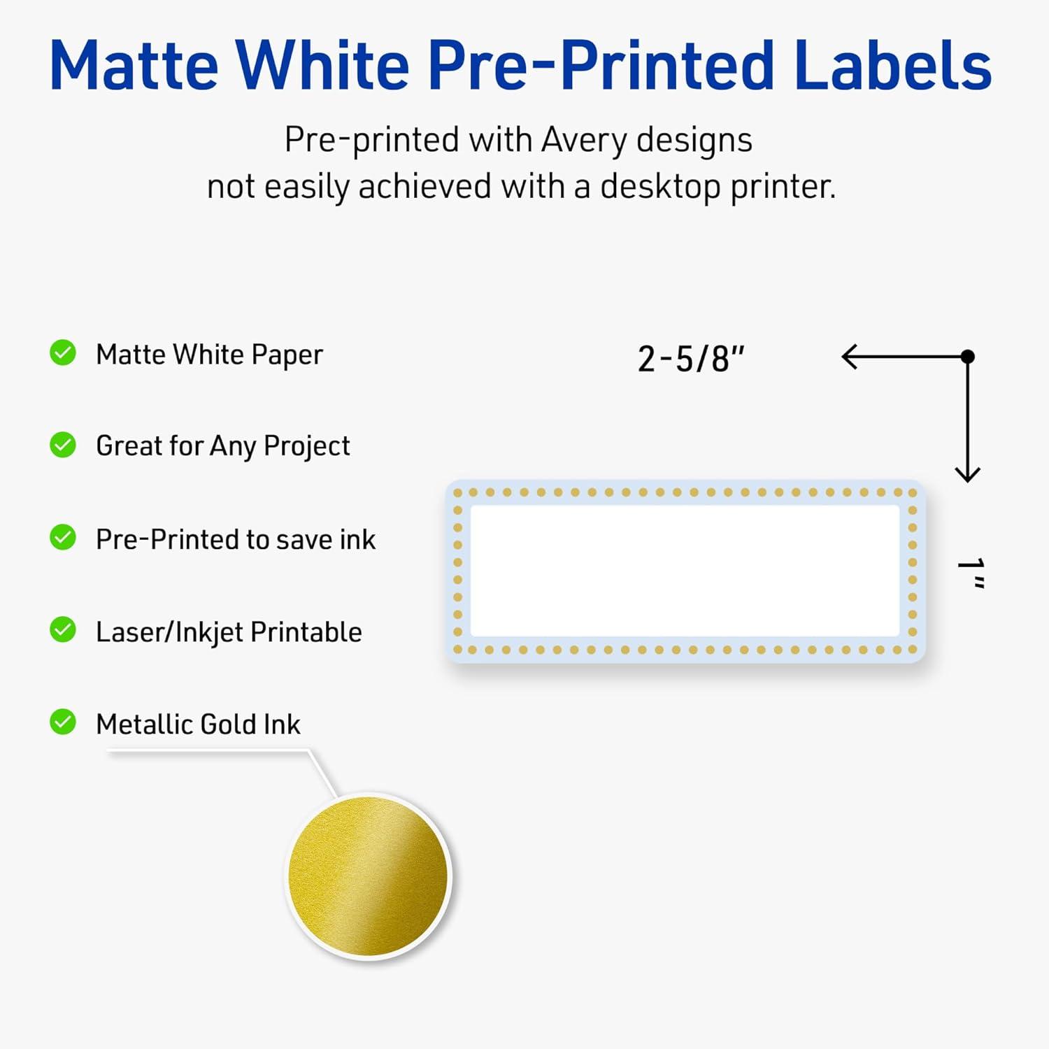 imageAvery Printable Rectangle Labels Sure Feed Technology Double Gold Border Florals Design 1quot x 258quot Matte White Permanent Labels LaserInkjet 160 Total Great for AddressingBlue Border With Gold Dots