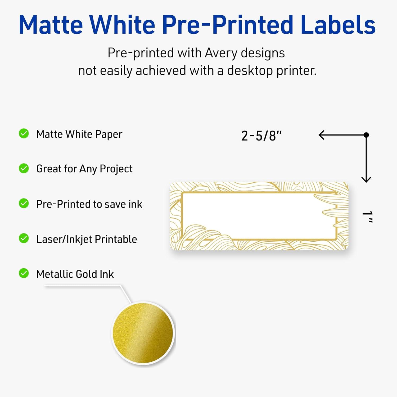 imageAvery Printable Rectangle Labels Sure Feed Technology Double Gold Border Florals Design 1quot x 258quot Matte White Permanent Labels LaserInkjet 160 Total Great for AddressingGold Monstera Leaves