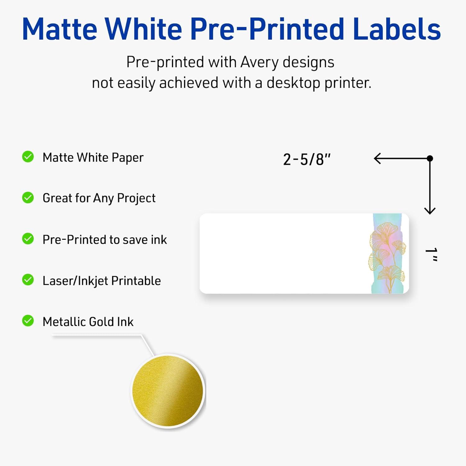 imageAvery Printable Rectangle Labels Sure Feed Technology Double Gold Border Florals Design 1quot x 258quot Matte White Permanent Labels LaserInkjet 160 Total Great for AddressingWatercolors With Gold Ginkgo Leaves
