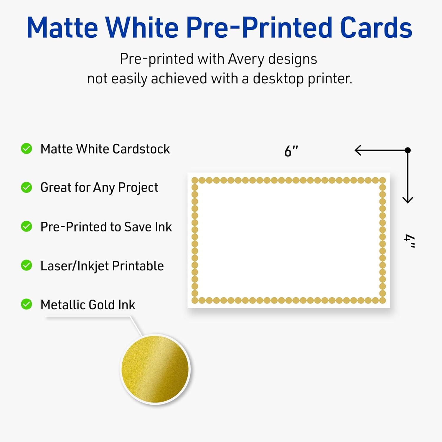 imageAvery Printable Rectangle Postcards Gold MultiLined Border 4quot x 6quot Matte White LaserInkjet 20ct Great for PostcardsGold Beads