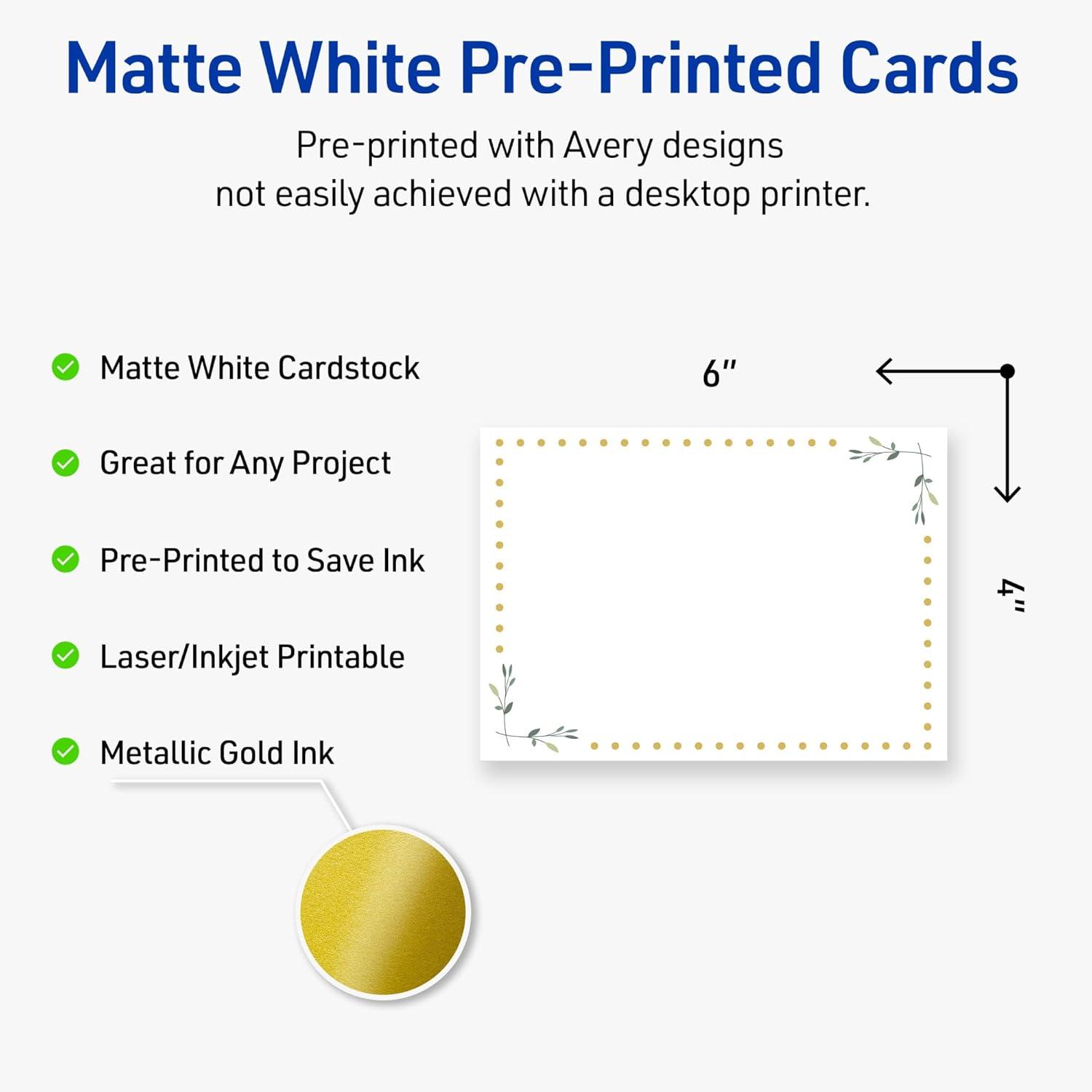 imageAvery Printable Rectangle Postcards Gold MultiLined Border 4quot x 6quot Matte White LaserInkjet 20ct Great for PostcardsGreen Florals with Gold Dots