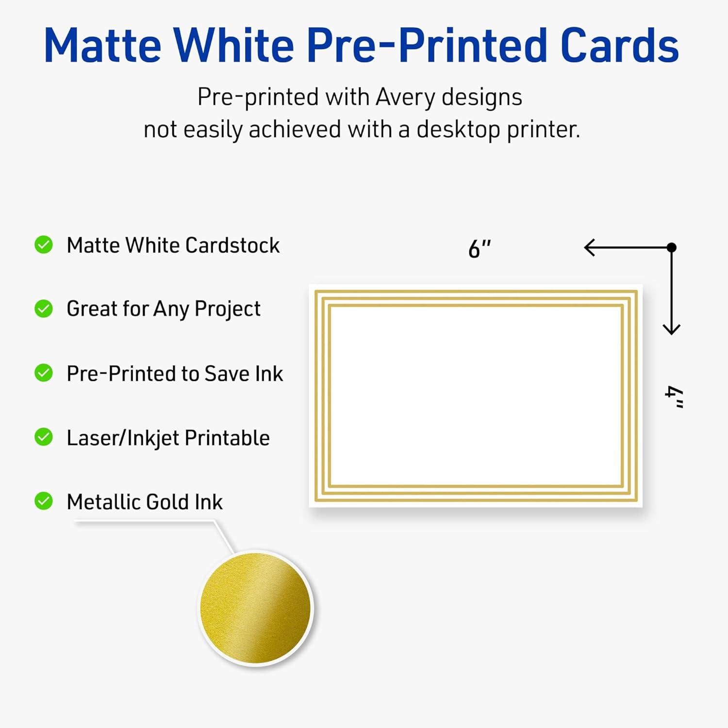 imageAvery Printable Rectangle Postcards Gold MultiLined Border 4quot x 6quot Matte White LaserInkjet 20ct Great for PostcardsMultiLined Gold Border