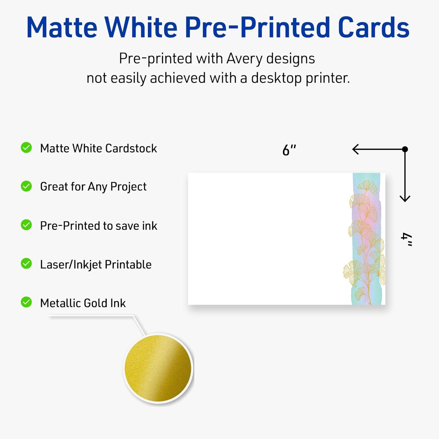 imageAvery Printable Rectangle Postcards Gold MultiLined Border 4quot x 6quot Matte White LaserInkjet 20ct Great for PostcardsWatercolors with Gold Ginkgo Leaves