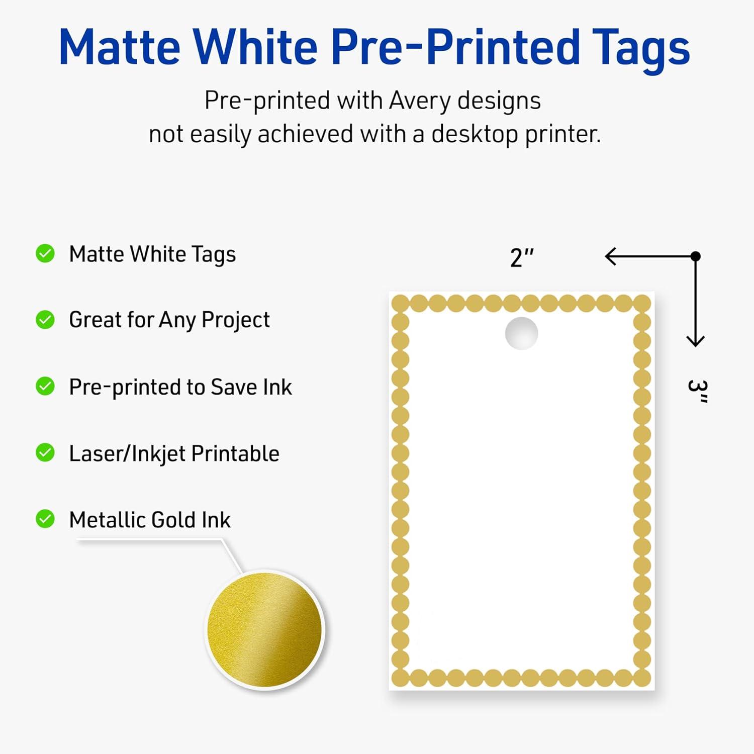 imageAvery Printable Rectangle Tags Gold Dots Green Florals 2quot x 3quot Matte White LaserInkjet 80ct Great for Product TagsGold Beads