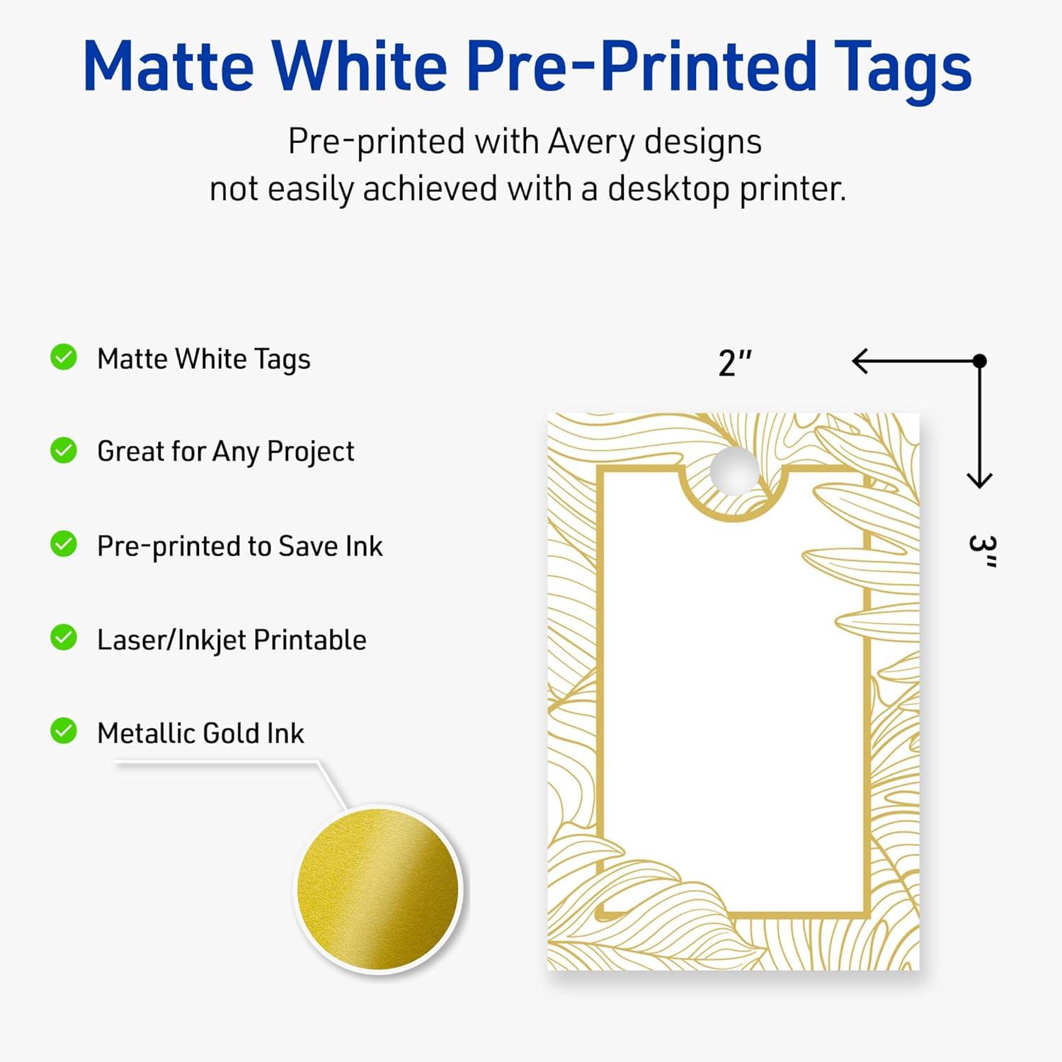 imageAvery Printable Rectangle Tags Gold Dots Green Florals 2quot x 3quot Matte White LaserInkjet 80ct Great for Product TagsGold Monstera Leaves