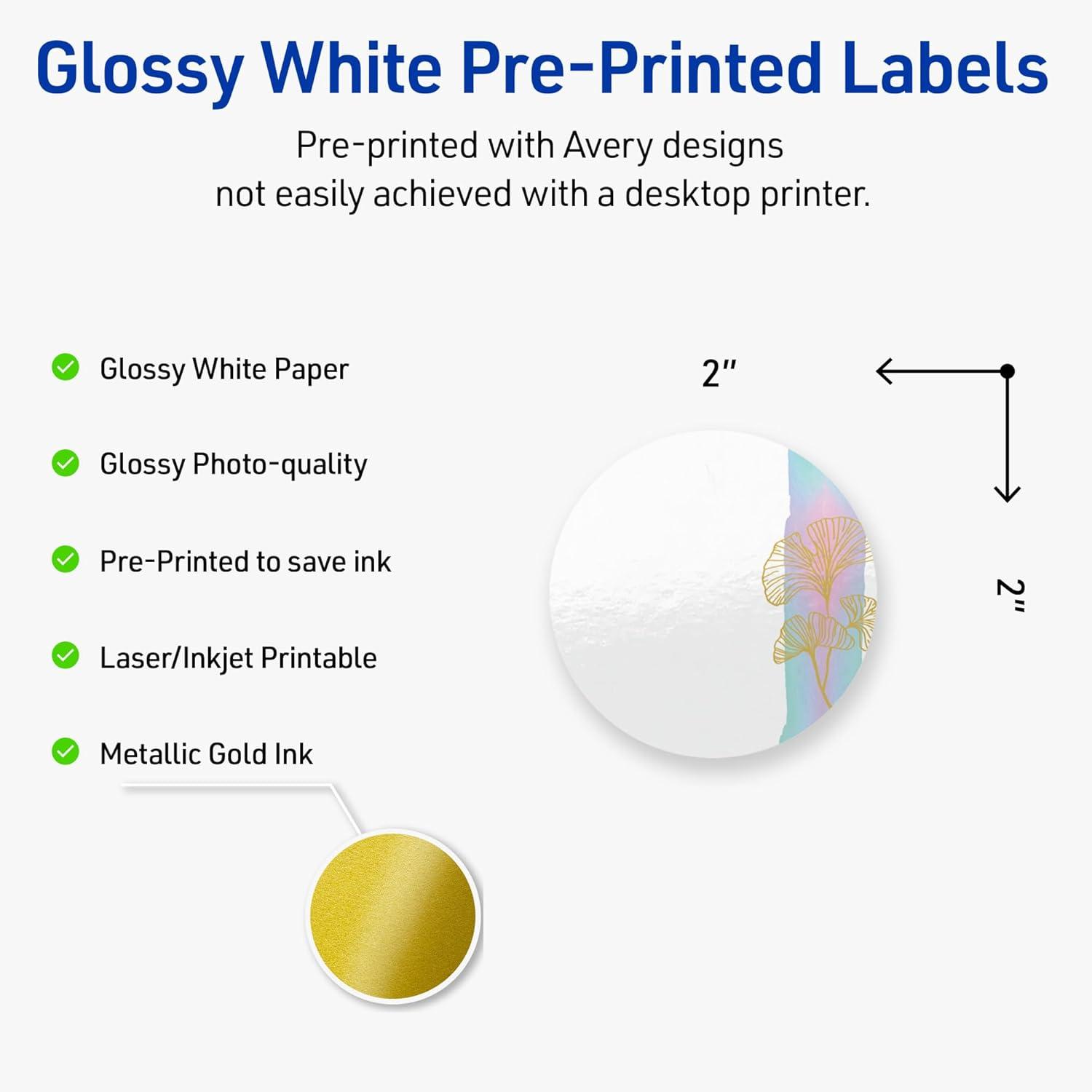 imageAvery Printable Round Labels Sure Feed Technology Gold Beads Design 2quot Diameter Glossy White Permanent Adhesive LaserInkjet 120 Total Great for Product MerchandisingWatercolors With Gold Ginkgo Leaves