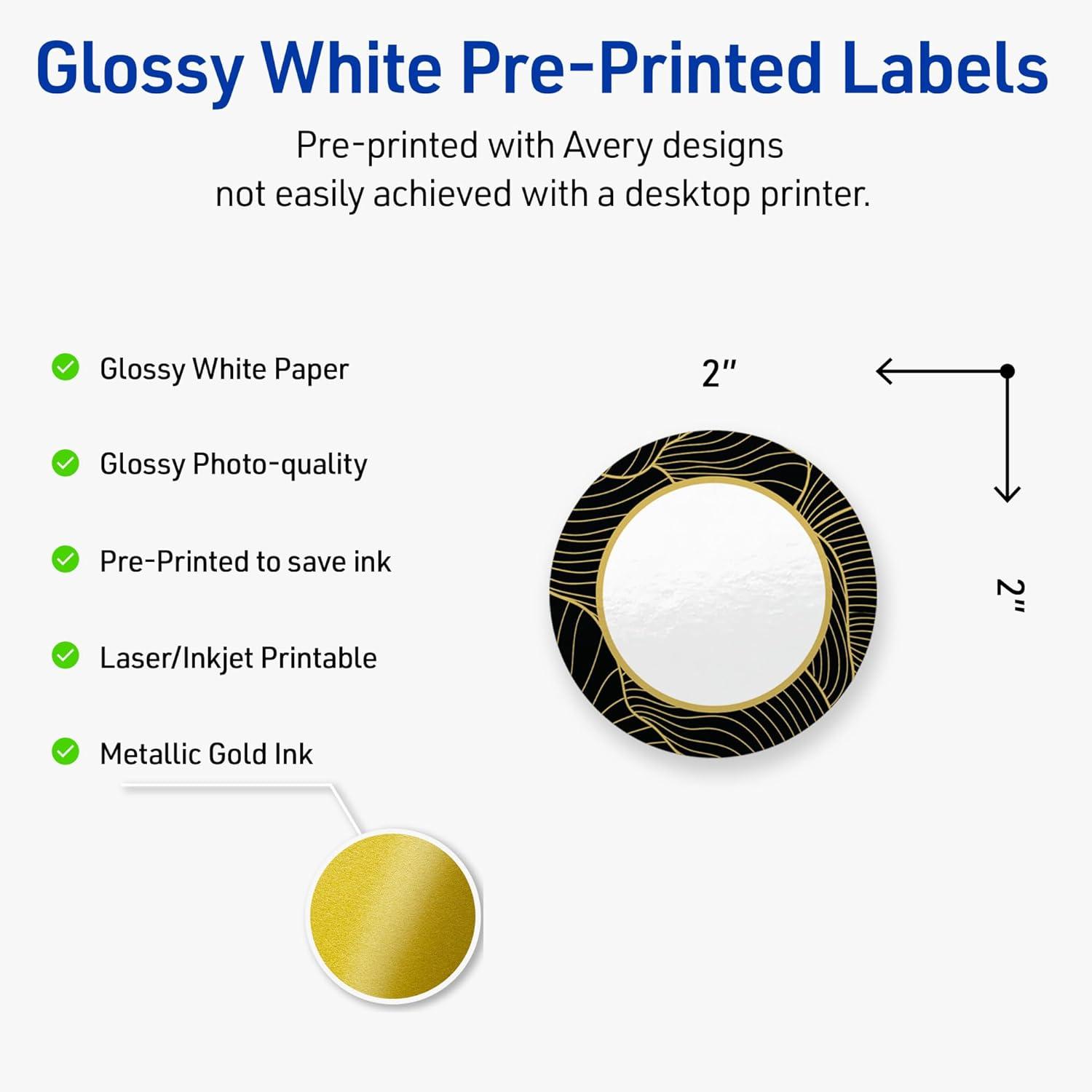 imageAvery Printable Round Labels Sure Feed Technology Gold Beads Design 2quot Diameter Glossy White Permanent Adhesive LaserInkjet 120 Total Great for Product MerchandisingBlack Border With Gold Veins