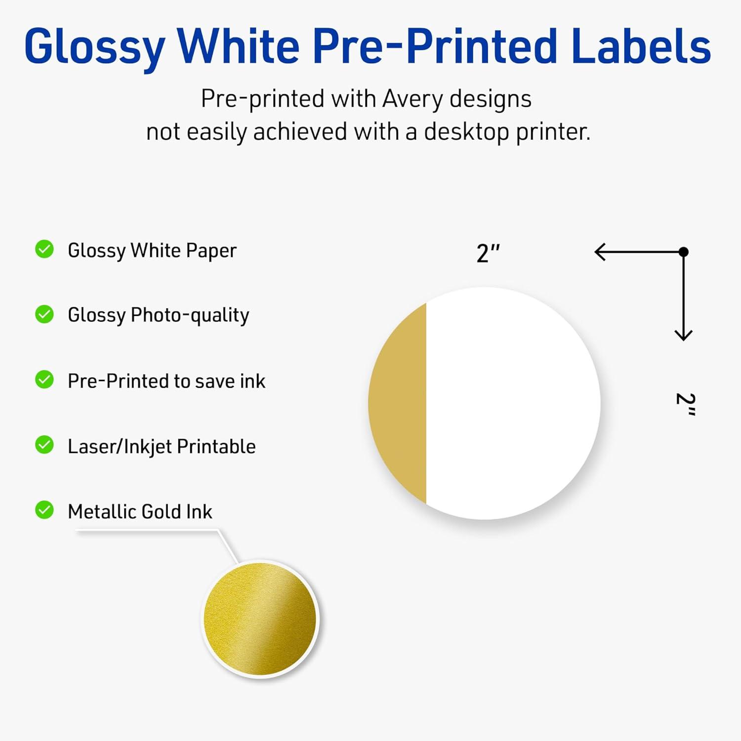 imageAvery Printable Round Labels Sure Feed Technology Gold Beads Design 2quot Diameter Glossy White Permanent Adhesive LaserInkjet 120 Total Great for Product MerchandisingDipped Gold Edge