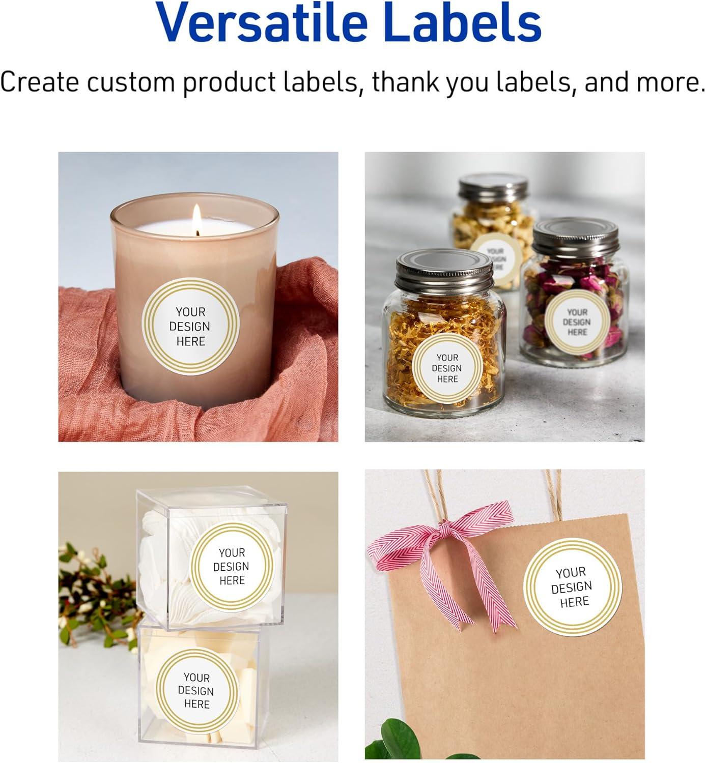 imageAvery Printable Round Labels Sure Feed Technology Gold Beads Design 2quot Diameter Glossy White Permanent Adhesive LaserInkjet 120 Total Great for Product MerchandisingMultilined Gold Border