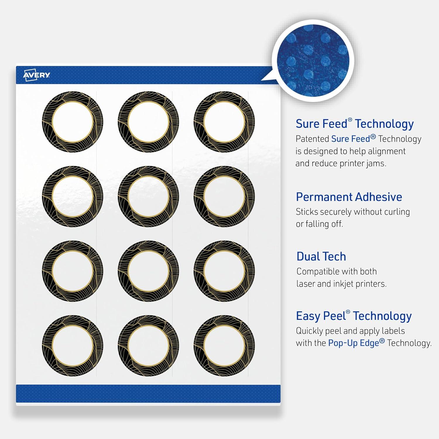 imageAvery Printable Round Labels Sure Feed Technology Gold Beads Design 2quot Diameter Glossy White Permanent Adhesive LaserInkjet 120 Total Great for Product MerchandisingBlack Border With Gold Veins