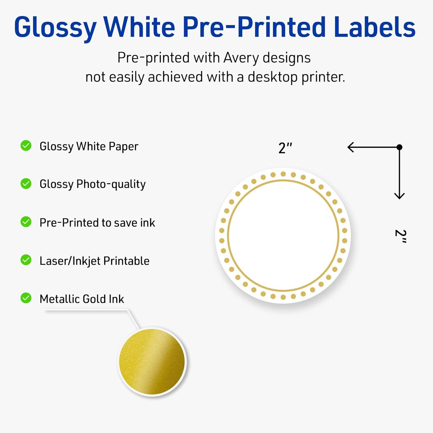 imageAvery Printable Round Labels Sure Feed Technology Gold Beads Design 2quot Diameter Glossy White Permanent Adhesive LaserInkjet 120 Total Great for Product MerchandisingGold Border With Gold Dots