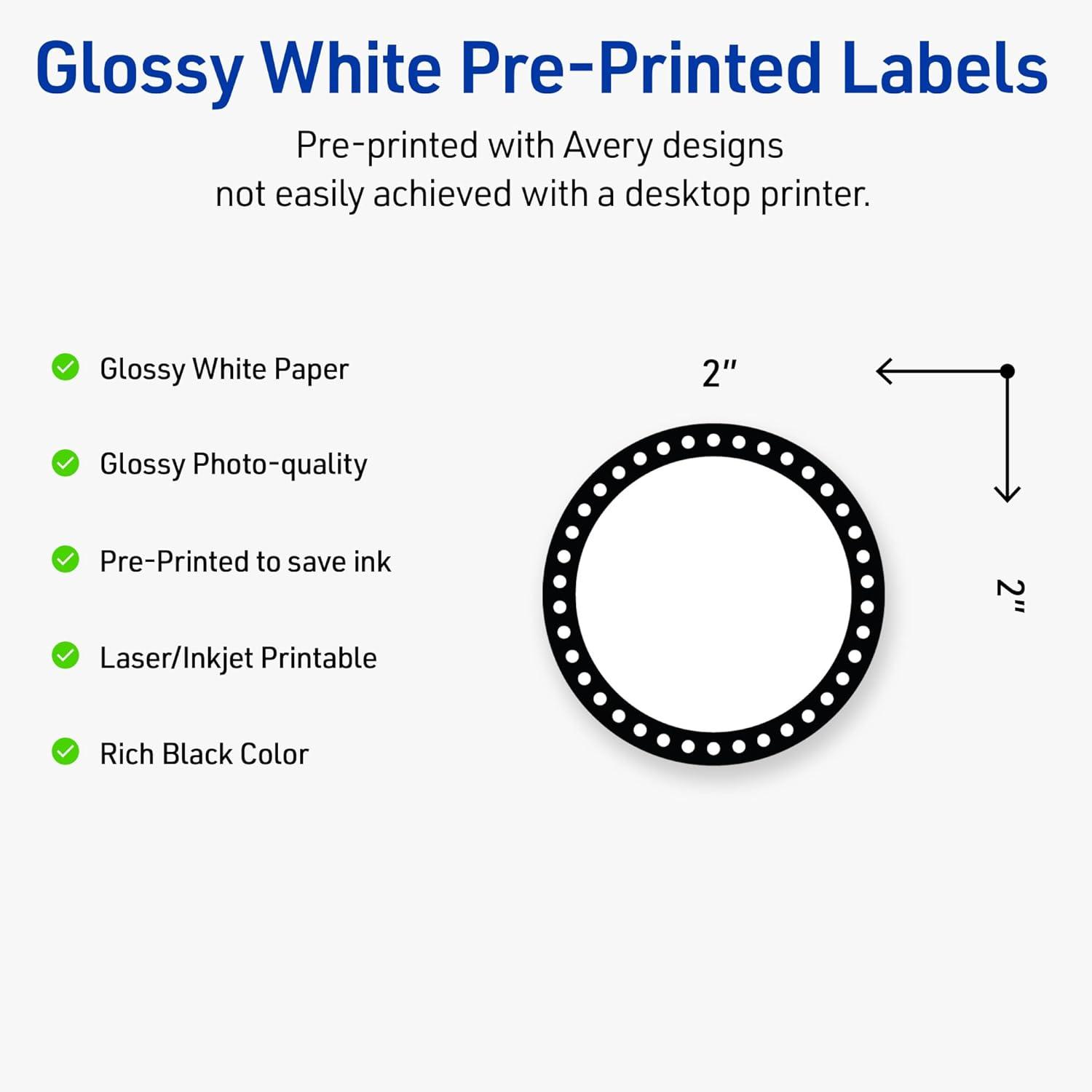 imageAvery Printable Round Labels Sure Feed Technology Gold Beads Design 2quot Diameter Glossy White Permanent Adhesive LaserInkjet 120 Total Great for Product MerchandisingBlack  White Polka Dots