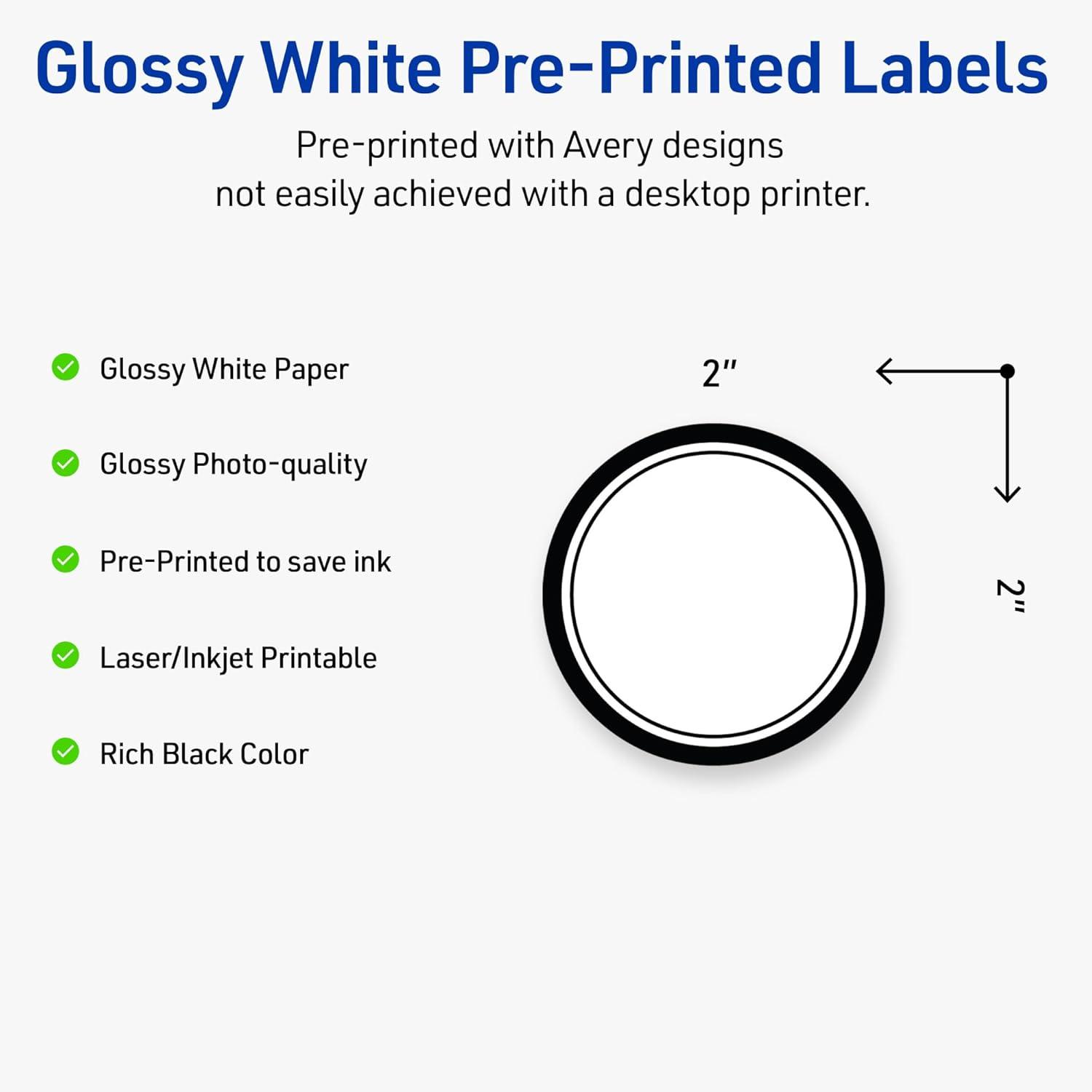 imageAvery Printable Round Labels Sure Feed Technology Gold Beads Design 2quot Diameter Glossy White Permanent Adhesive LaserInkjet 120 Total Great for Product MerchandisingDouble Black Border