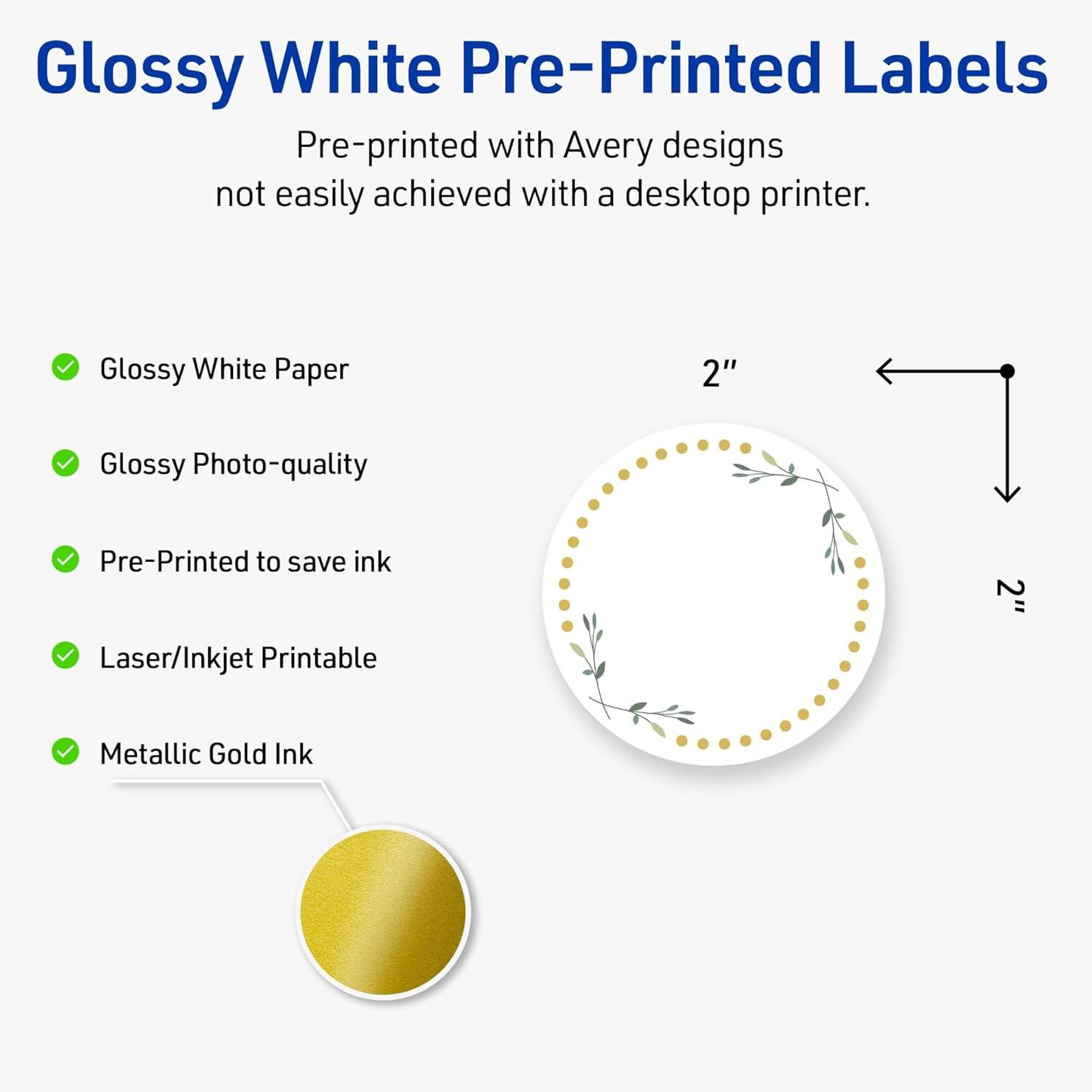 imageAvery Printable Round Labels Sure Feed Technology Gold Beads Design 2quot Diameter Glossy White Permanent Adhesive LaserInkjet 120 Total Great for Product MerchandisingGreen Florals With Gold Dots