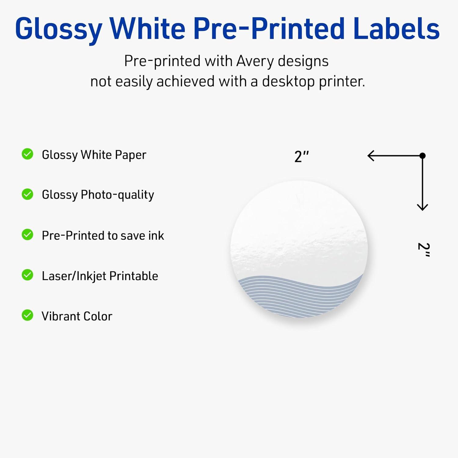 imageAvery Printable Round Labels Sure Feed Technology Gold Beads Design 2quot Diameter Glossy White Permanent Adhesive LaserInkjet 120 Total Great for Product MerchandisingBlue Waves