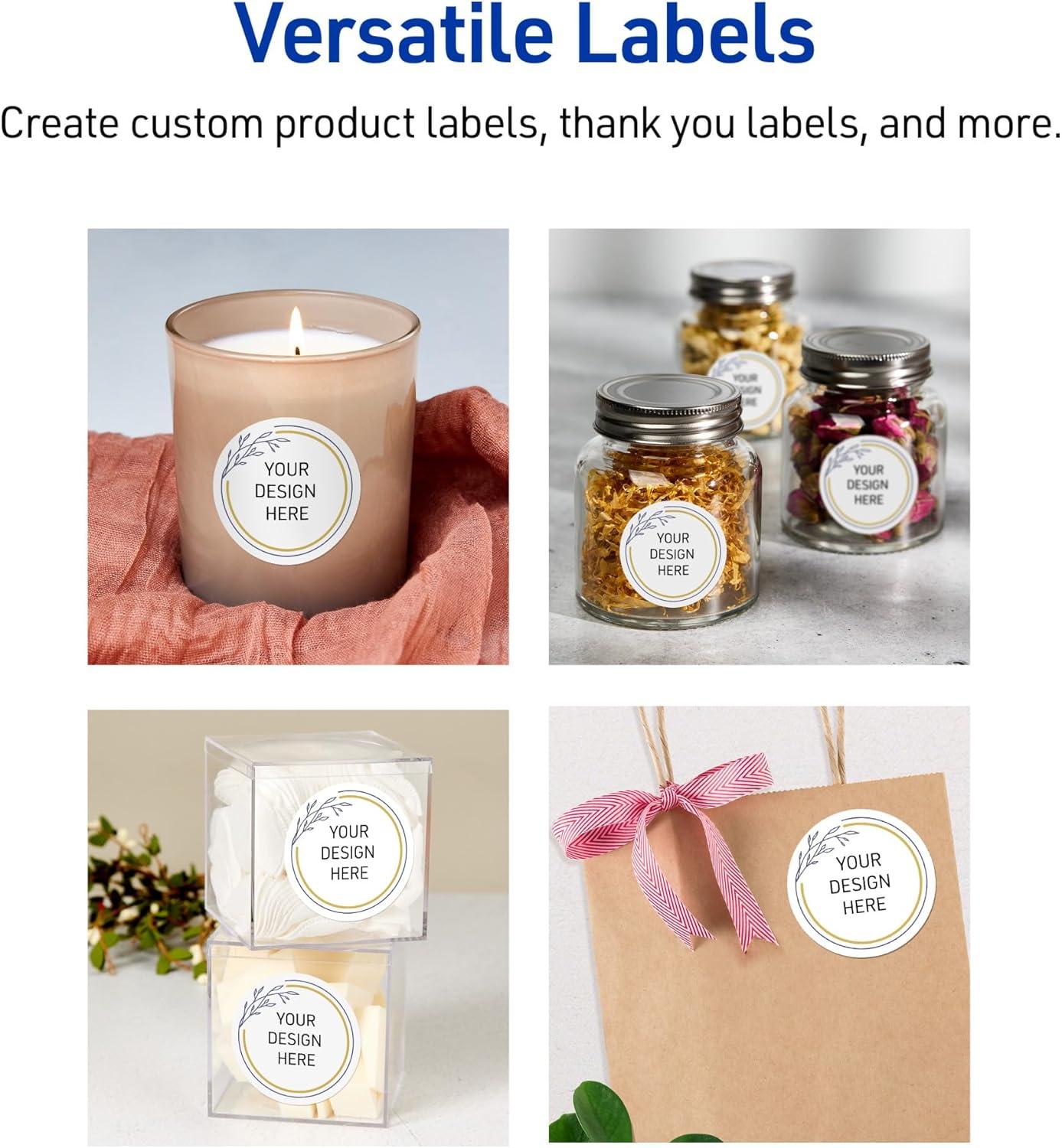 imageAvery Printable Round Labels Sure Feed Technology Gold Beads Design 2quot Diameter Glossy White Permanent Adhesive LaserInkjet 120 Total Great for Product MerchandisingGold  Navy Border With Florals