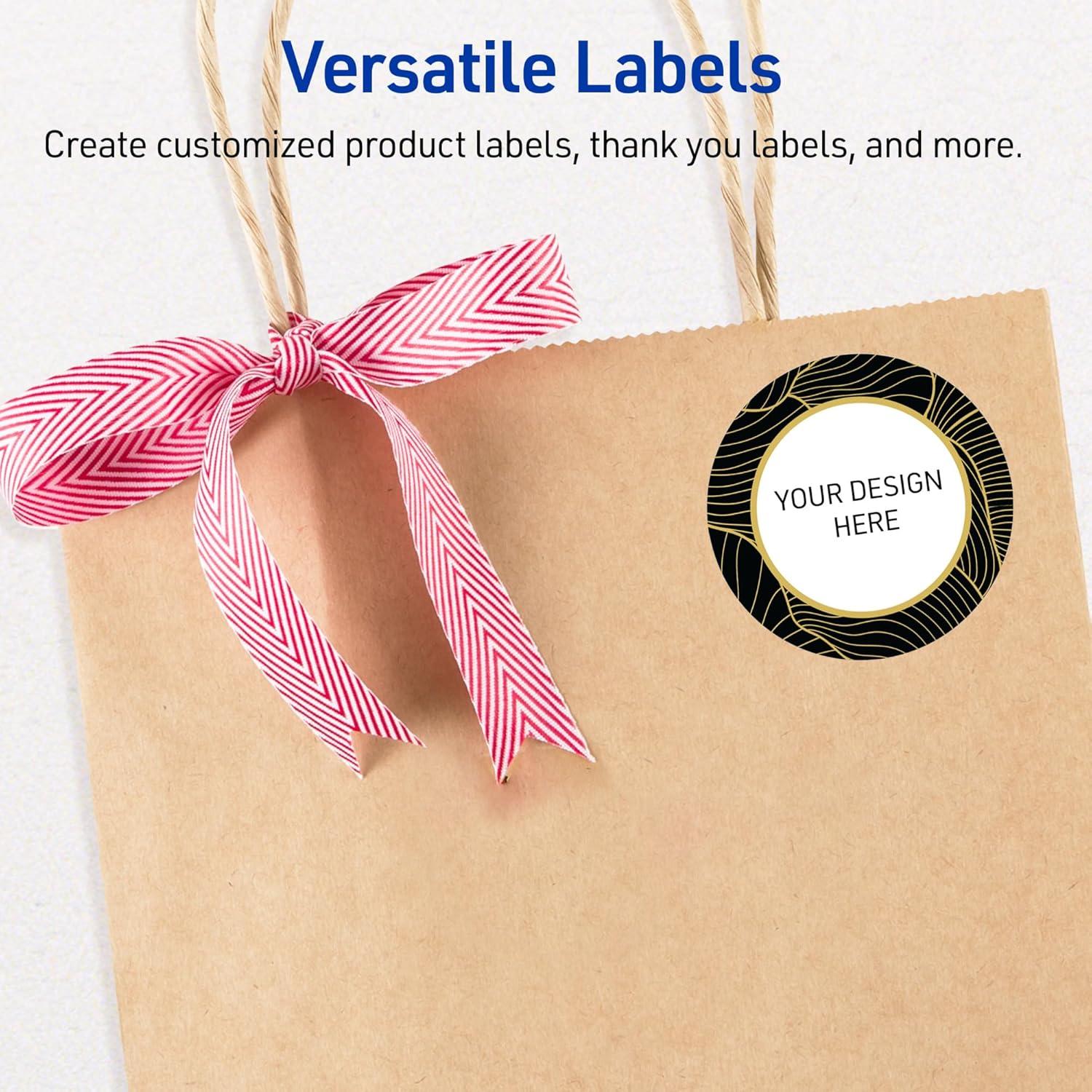 imageAvery Printable Round Labels Sure Feed Technology Gold Beads Design 2quot Diameter Glossy White Permanent Adhesive LaserInkjet 120 Total Great for Product MerchandisingBlack Border With Gold Veins