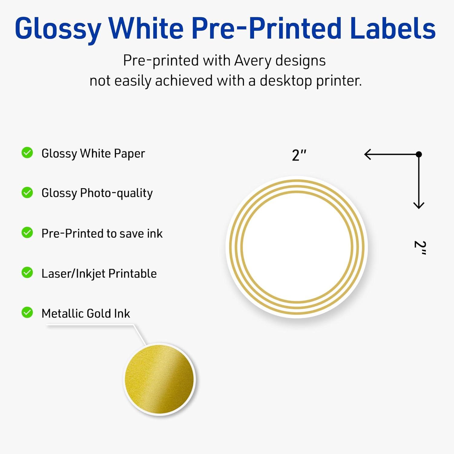 imageAvery Printable Round Labels Sure Feed Technology Gold Beads Design 2quot Diameter Glossy White Permanent Adhesive LaserInkjet 120 Total Great for Product MerchandisingMultilined Gold Border