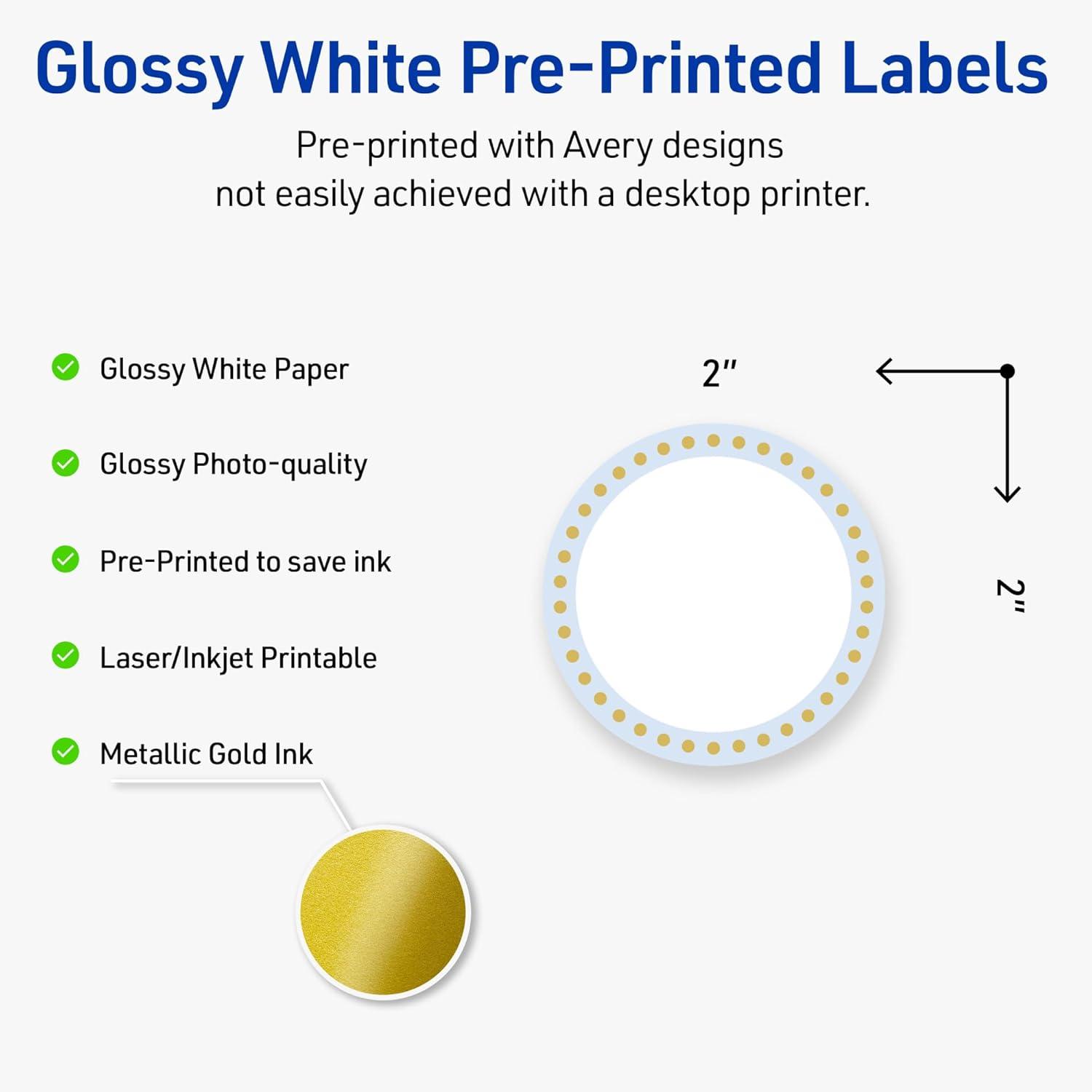 imageAvery Printable Round Labels Sure Feed Technology Gold Beads Design 2quot Diameter Glossy White Permanent Adhesive LaserInkjet 120 Total Great for Product MerchandisingBlue Border With Gold Dots