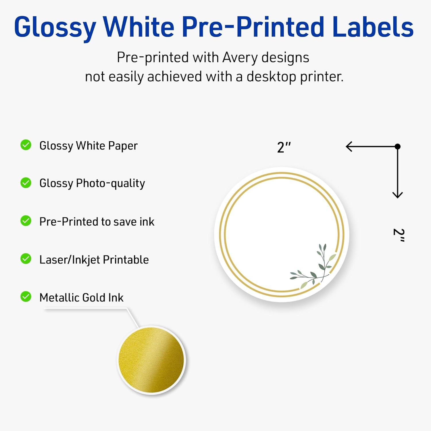 imageAvery Printable Round Labels Sure Feed Technology Gold Beads Design 2quot Diameter Glossy White Permanent Adhesive LaserInkjet 120 Total Great for Product MerchandisingDouble Gold Border With Florals