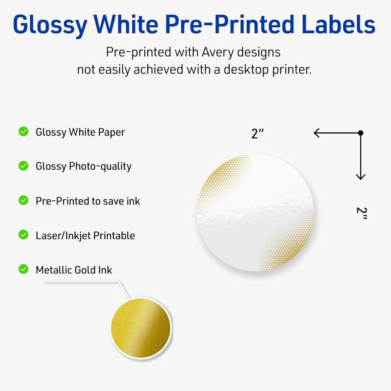 imageAvery Printable Round Labels Sure Feed Technology Gold Beads Design 2quot Diameter Glossy White Permanent Adhesive LaserInkjet 120 Total Great for Product MerchandisingGold Blush