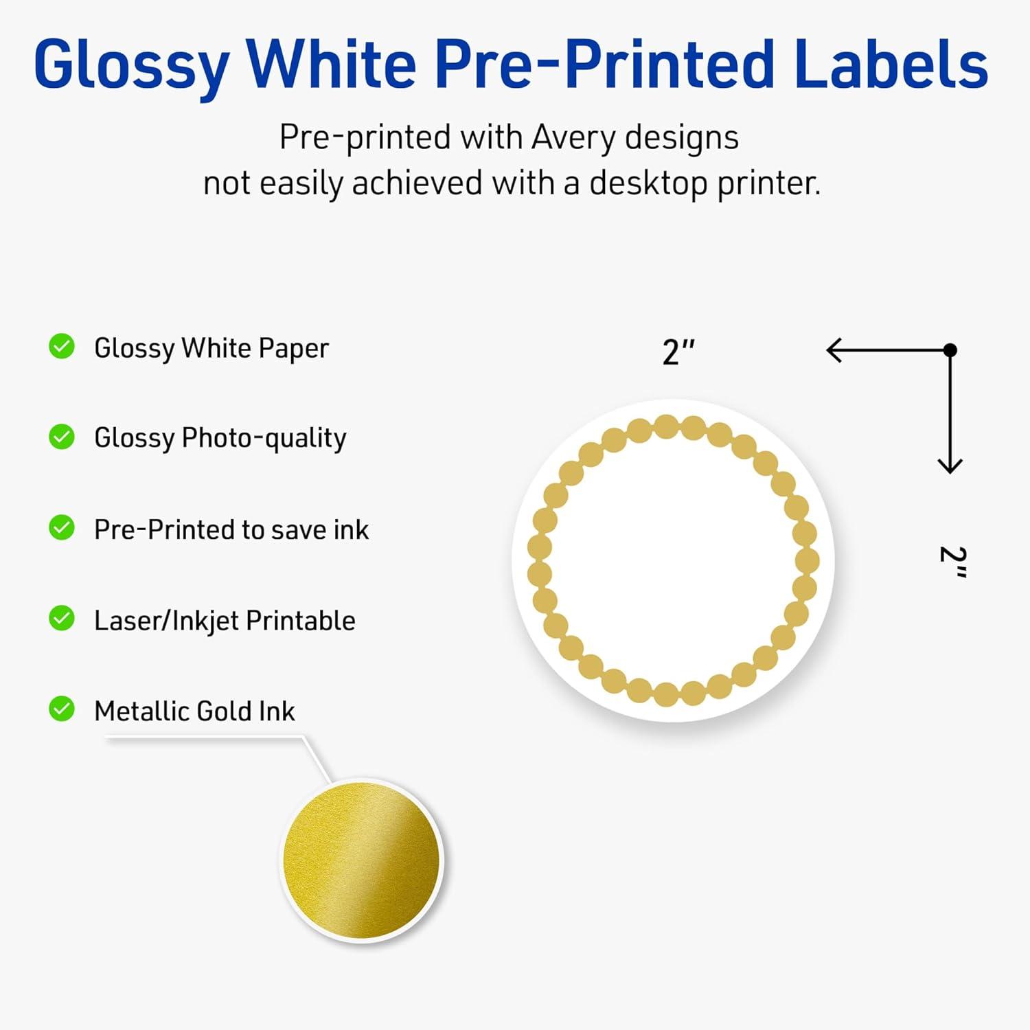 imageAvery Printable Round Labels Sure Feed Technology Gold Beads Design 2quot Diameter Glossy White Permanent Adhesive LaserInkjet 120 Total Great for Product MerchandisingGold Beads