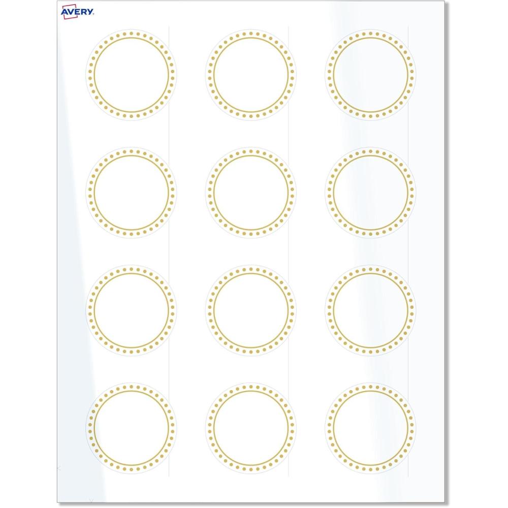 imageAvery Printable Round Labels Sure Feed Technology Gold Beads Design 2quot Diameter Glossy White Permanent Adhesive LaserInkjet 120 Total Great for Product MerchandisingGold Border With Gold Dots