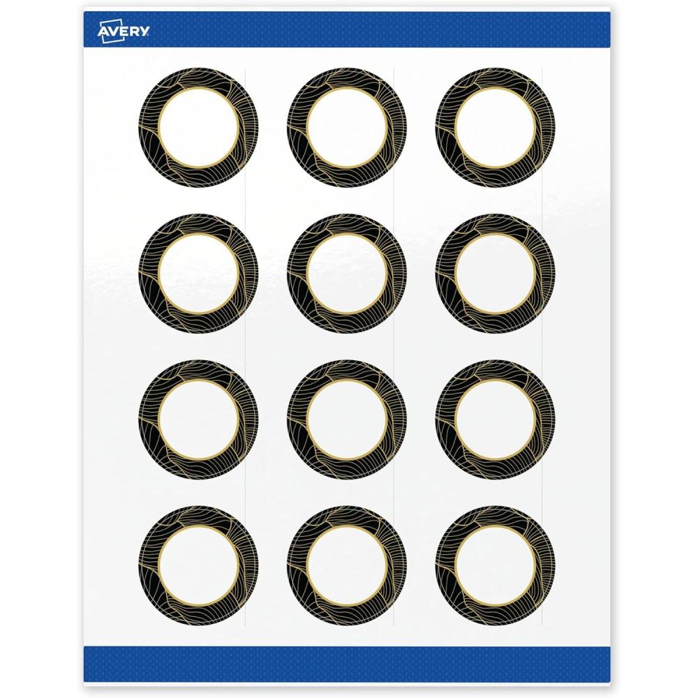 imageAvery Printable Round Labels Sure Feed Technology Gold Beads Design 2quot Diameter Glossy White Permanent Adhesive LaserInkjet 120 Total Great for Product MerchandisingBlack Border With Gold Veins