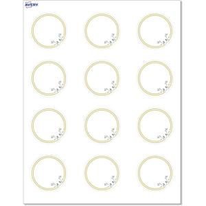 imageAvery Printable Round Cards Sure Feed Technology Blue Border Gold Dots Design 2quot Diameter Matte White Cards LaserInkjet 120 Total Great for Product TagsDouble Gold Border with Florals